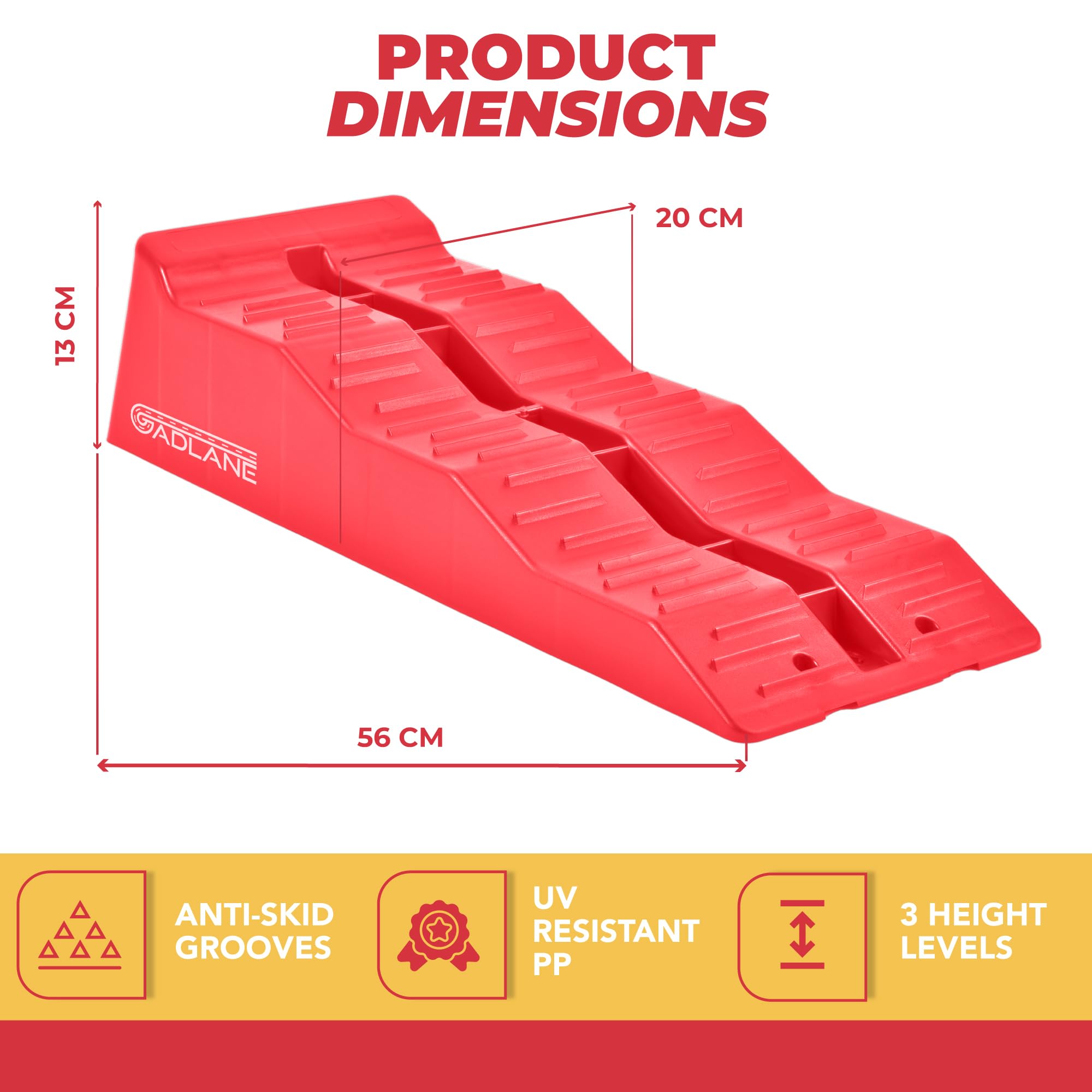 Red car ramp with dimensions and features on a white background