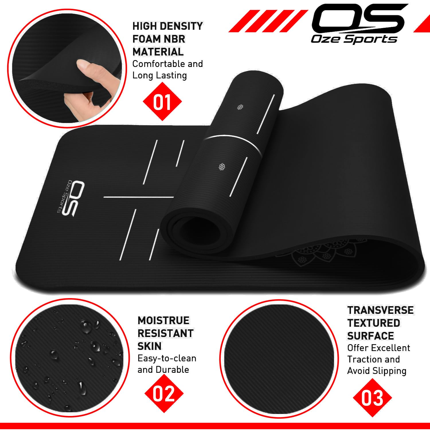 Black exercise mat with Oze Sports branding and features highlighted