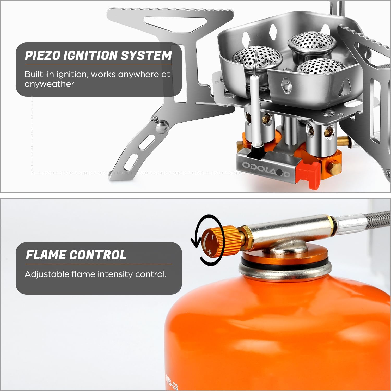 Portable gas stove with piezo ignition system and flame control on an orange fuel canister.