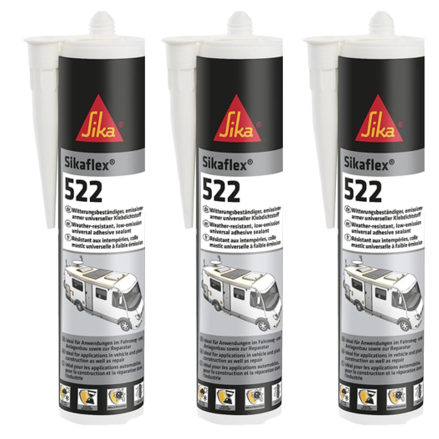 Three tubes of Sika Sikaflex 522 sealant on a white background