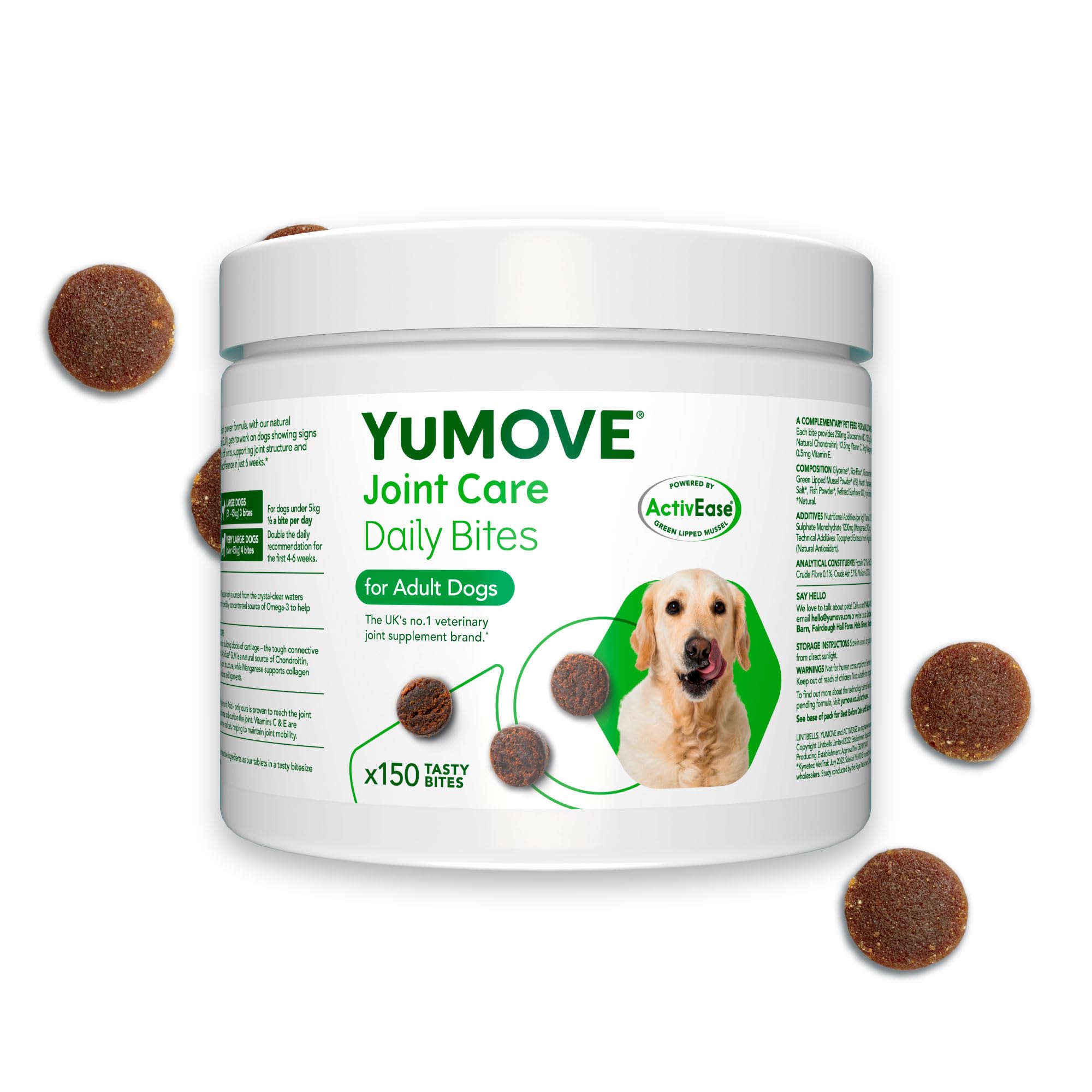 Yumove Joint Care Daily Bites for adult dogs packaging with dog treats on a white background