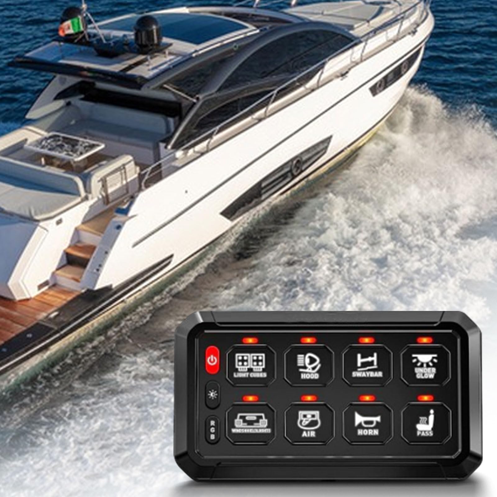 Yacht speeding on water with a remote control device in the foreground