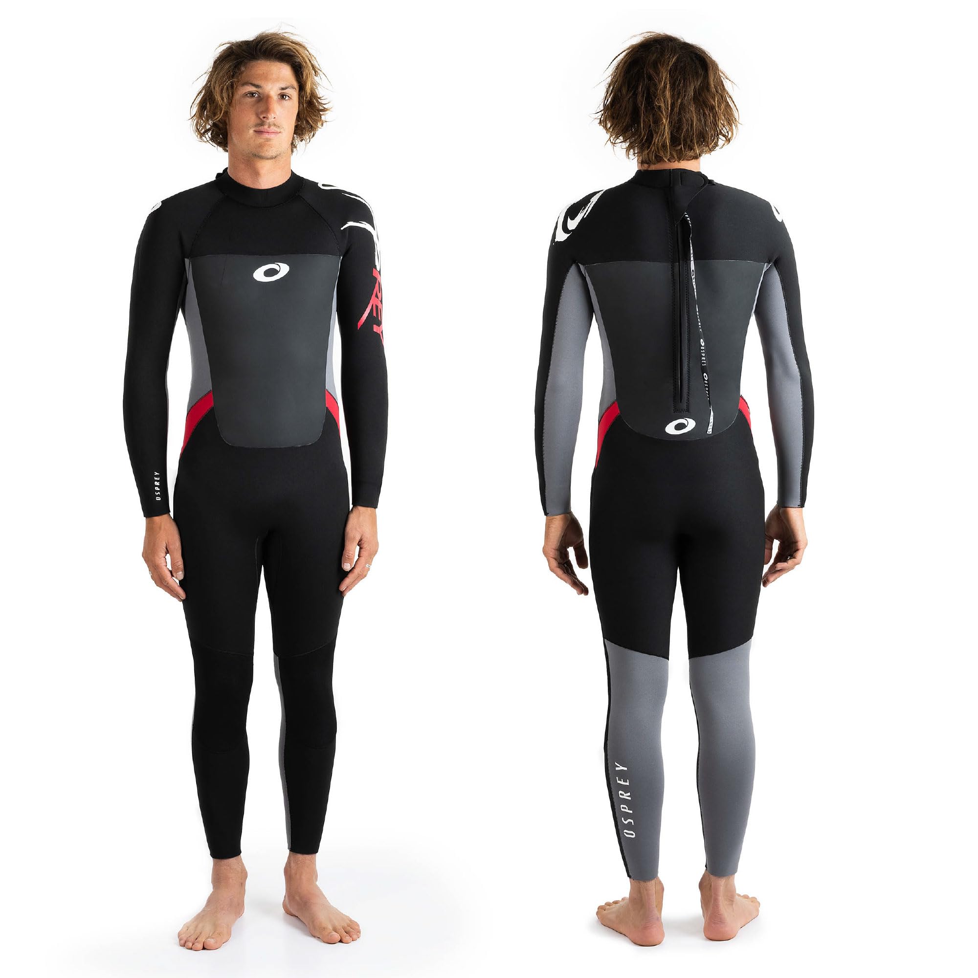 Person wearing a black and gray wetsuit from front and back views on a white background