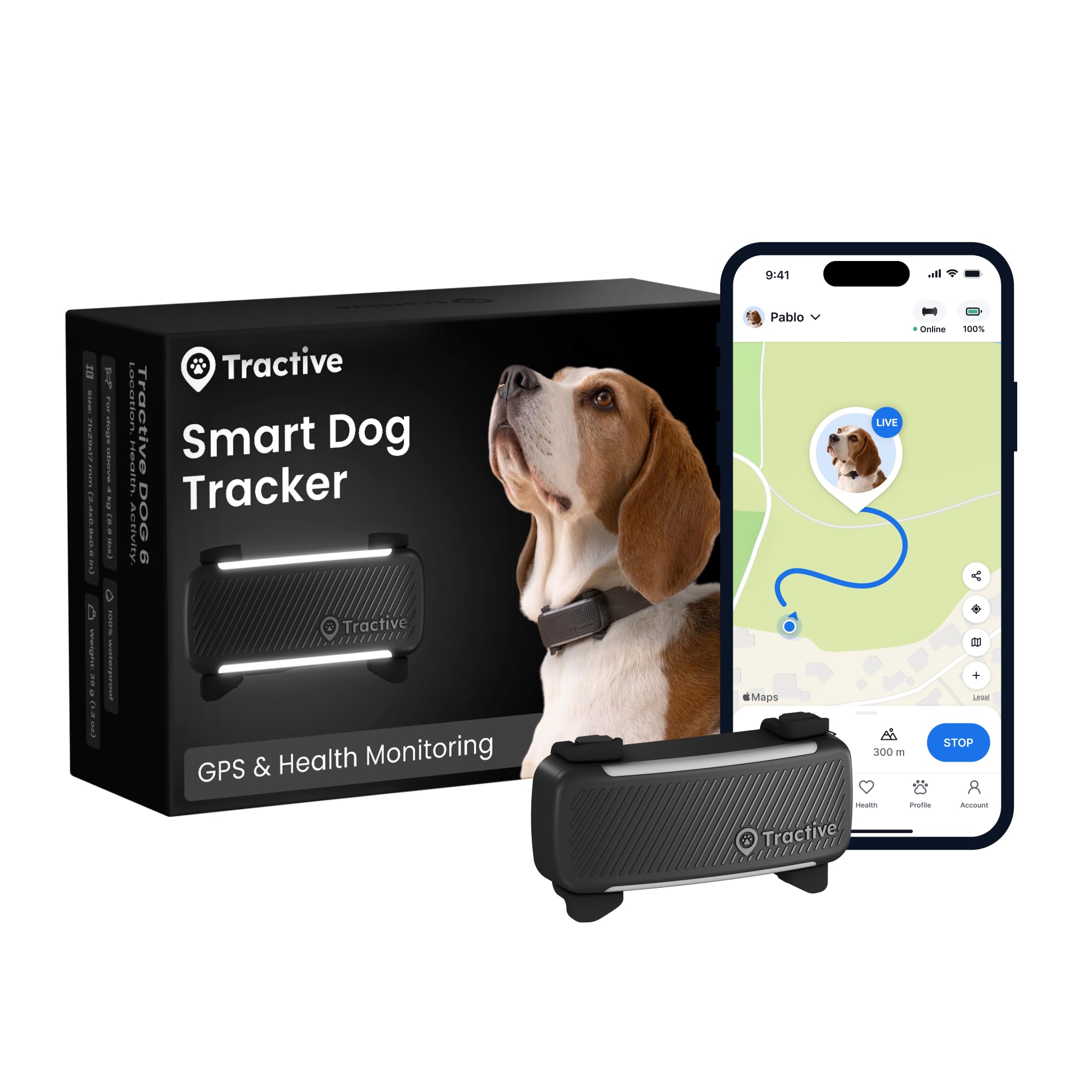 Tractive smart dog tracker with packaging and smartphone app display on a white background