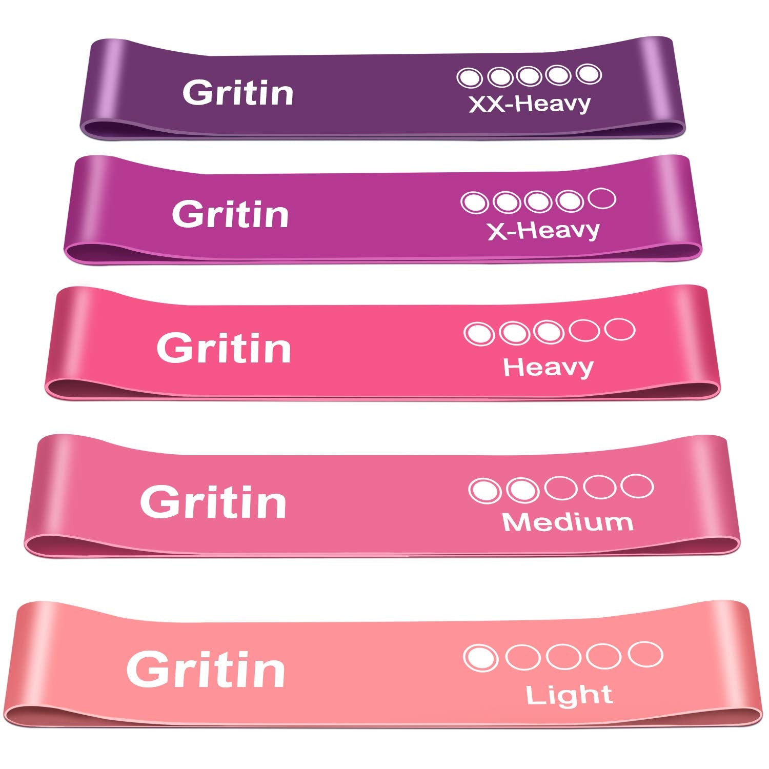Set of Gritin resistance bands in different colors and weights on a white background