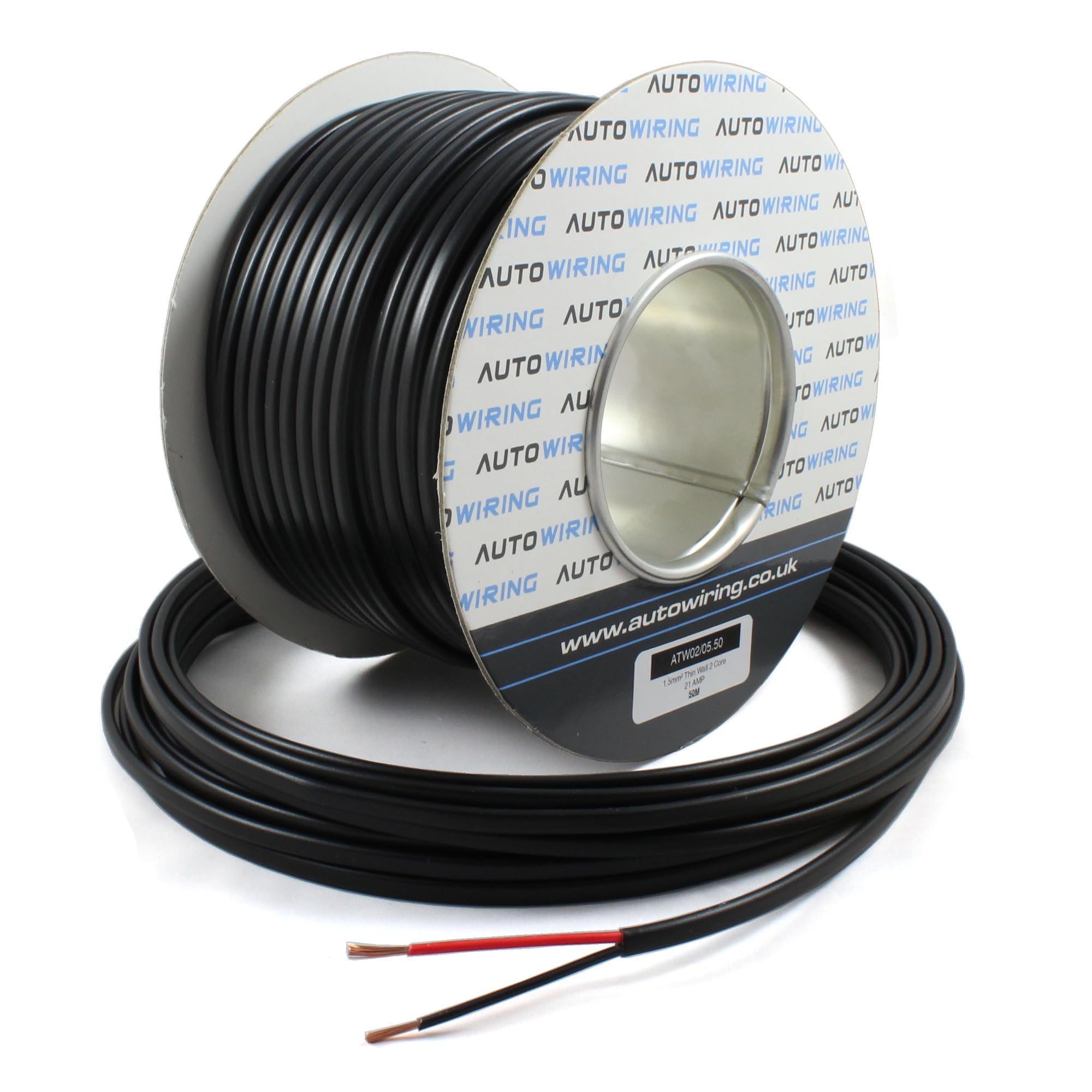 Spool of black wire with visible branding on a white background