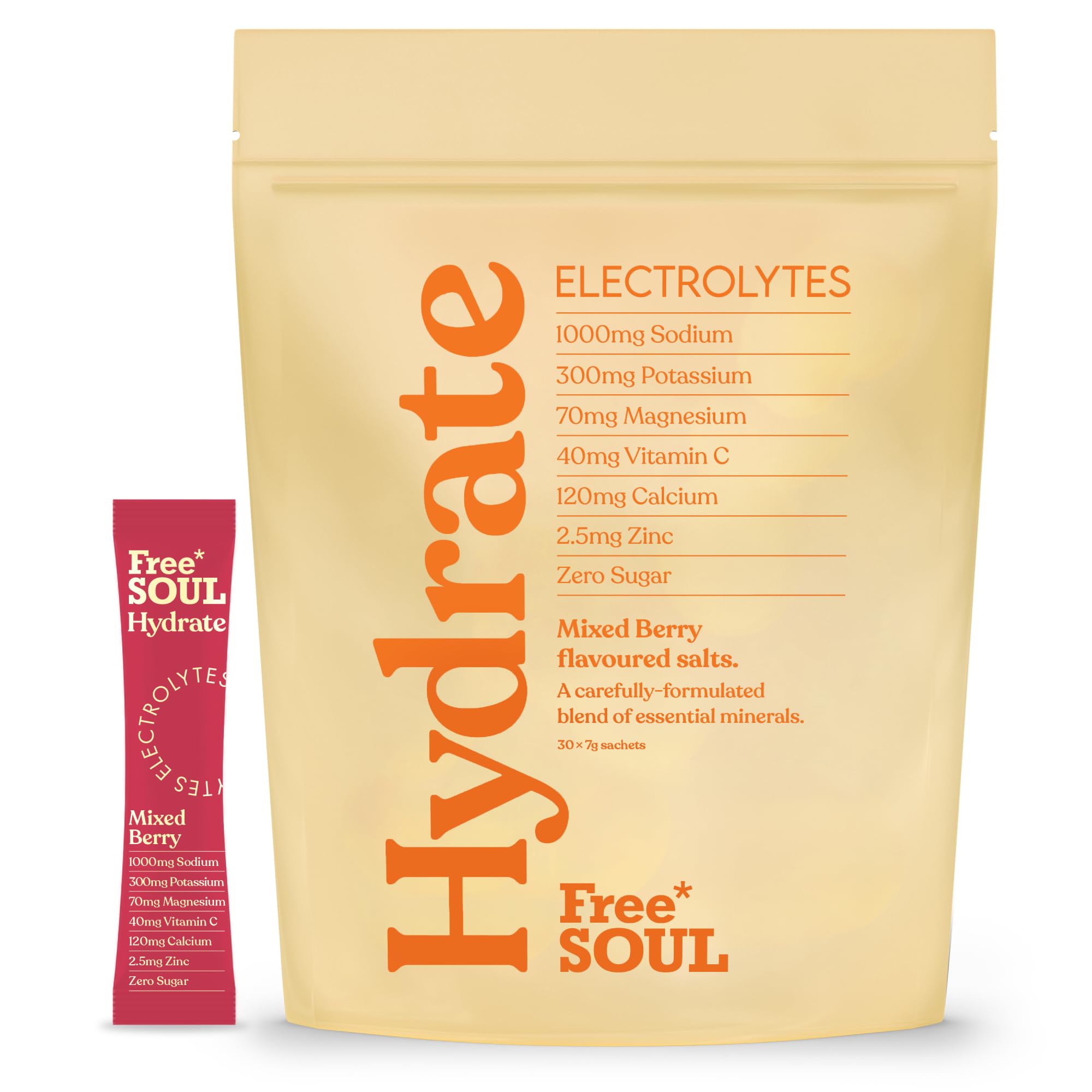 Free SOUL Hydrate electrolyte powder package with a smaller pink packet on a white background