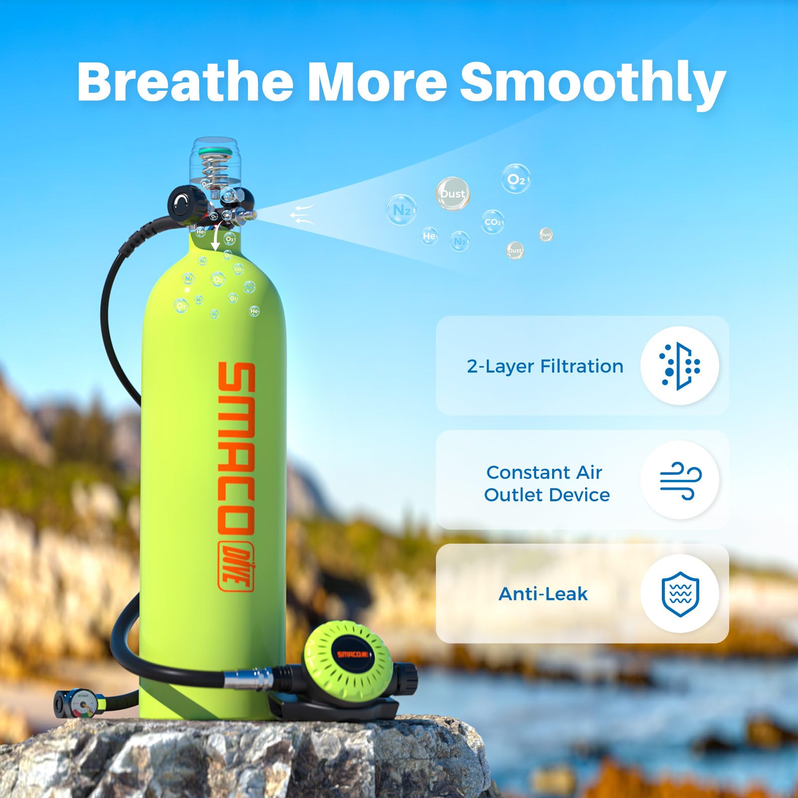 Green scuba tank with 'smacore' branding on a rock by a body of water, featuring text and icons about product features.