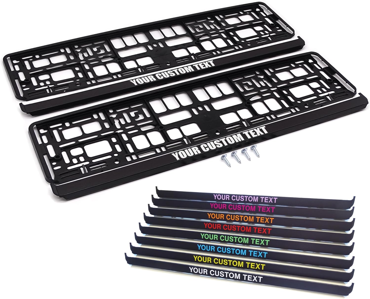 Two black license plate frames with customizable text and six colorful strips of text below on a white background.