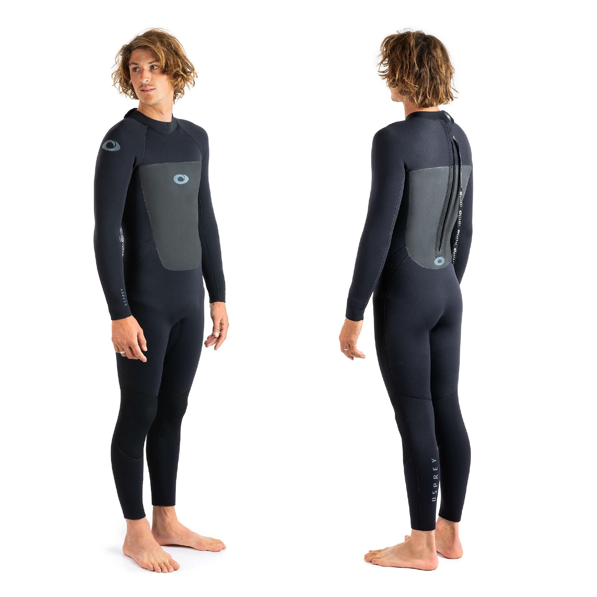 Person wearing a black and gray wetsuit from front and back views on a white background