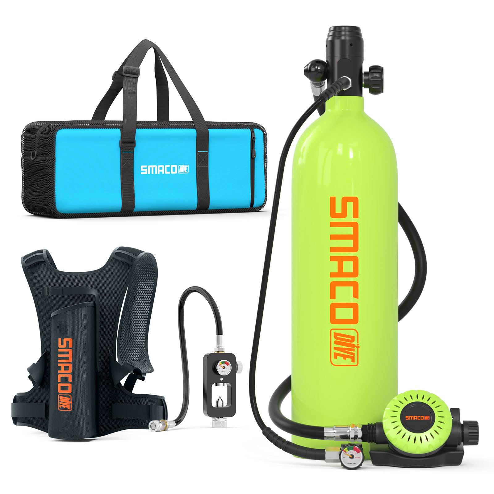 Scuba diving equipment set with a green tank, black backpack, and blue bag on a white background.