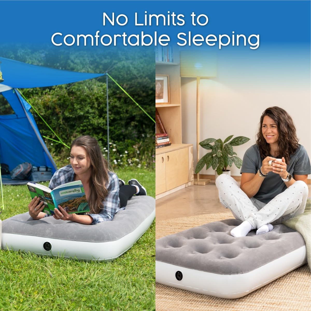 Inflatable air bed used outdoors and indoors with text 'No Limits to Comfortable Sleeping'.
