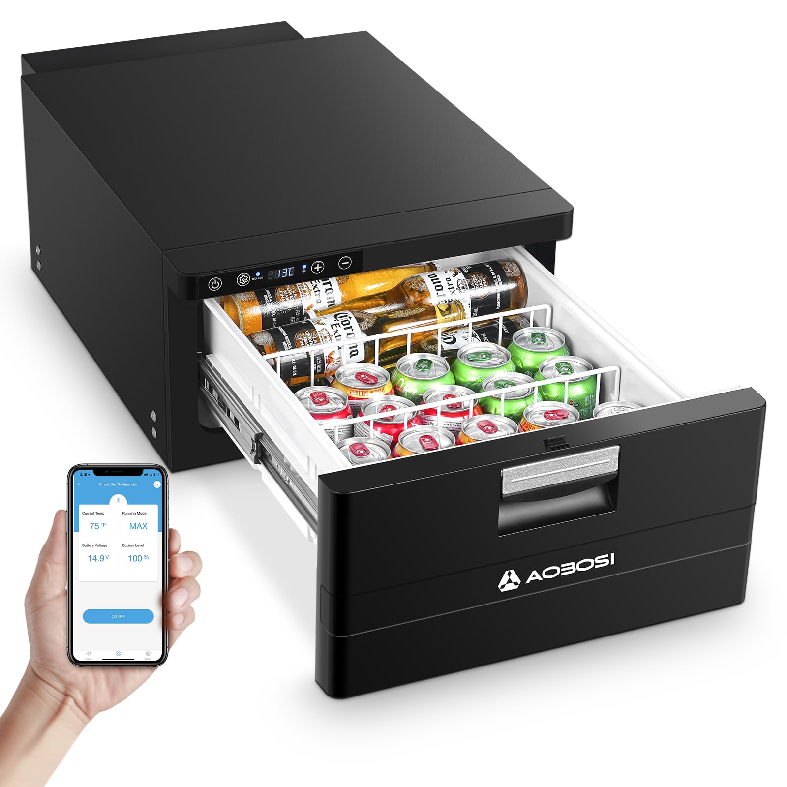 AOBOSI mini fridge with open drawer displaying drinks, held by a hand with a smartphone showing app interface.