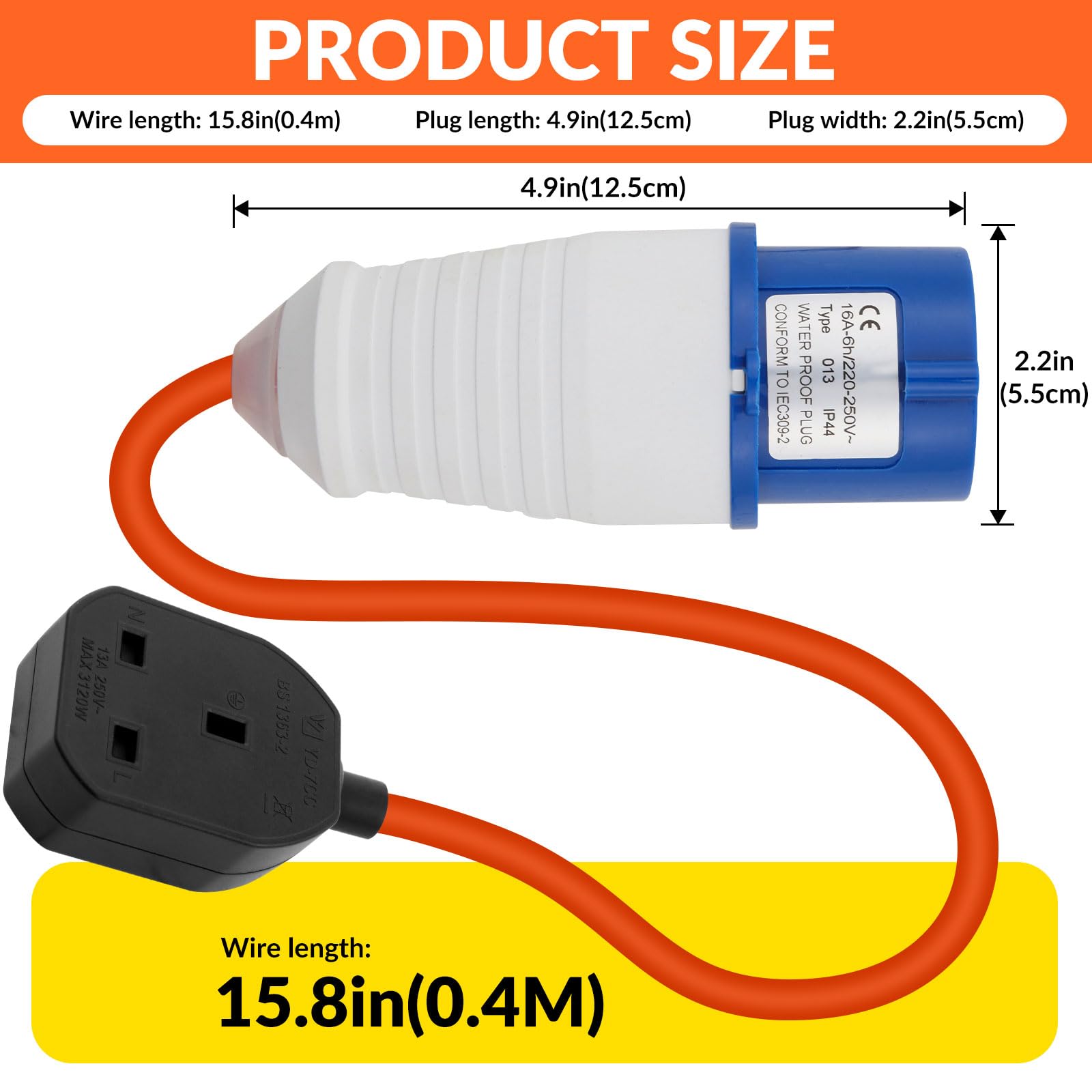 Measurement chart of a plug and cable with dimensions labeled.