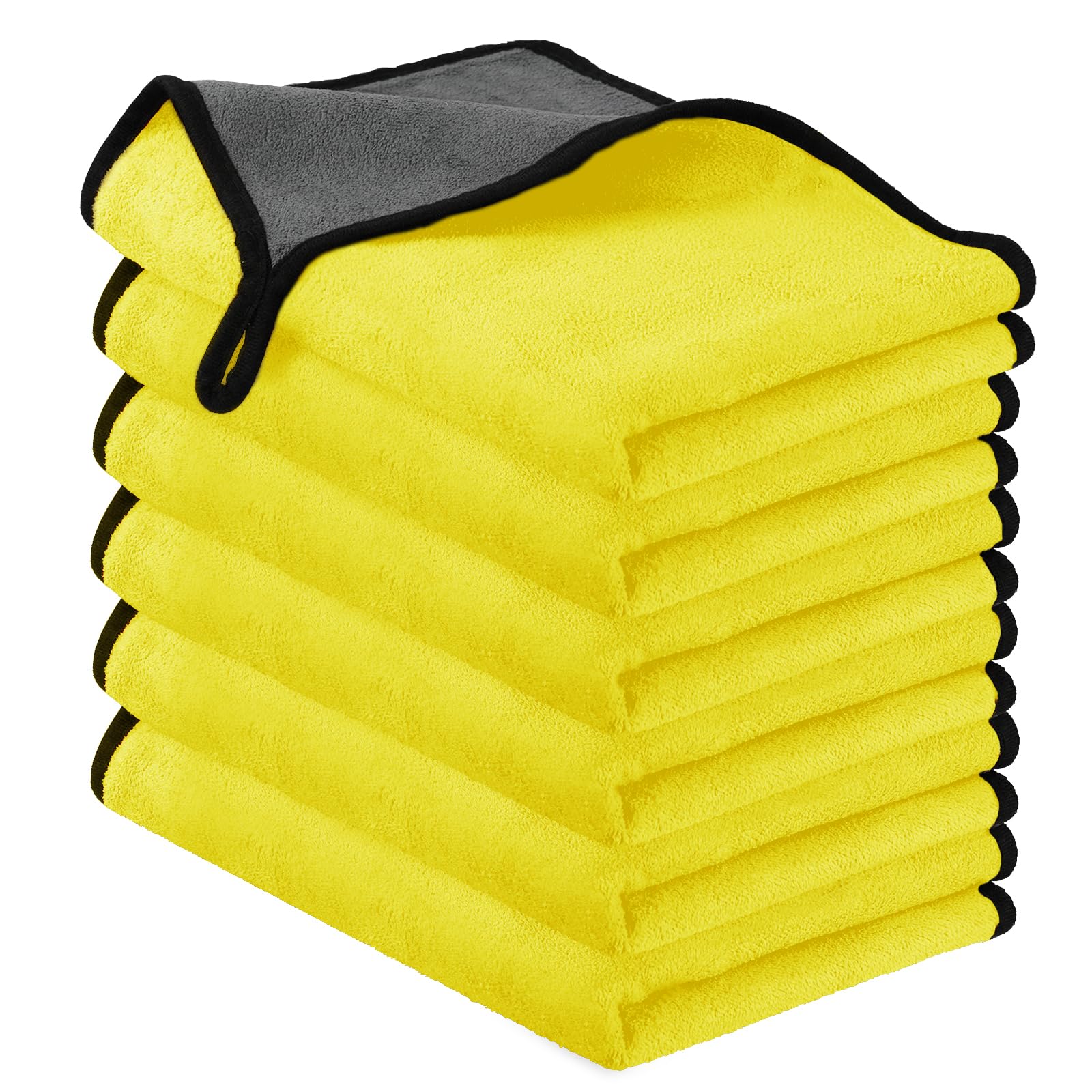 Stack of yellow microfiber cloths with black edges on a white background