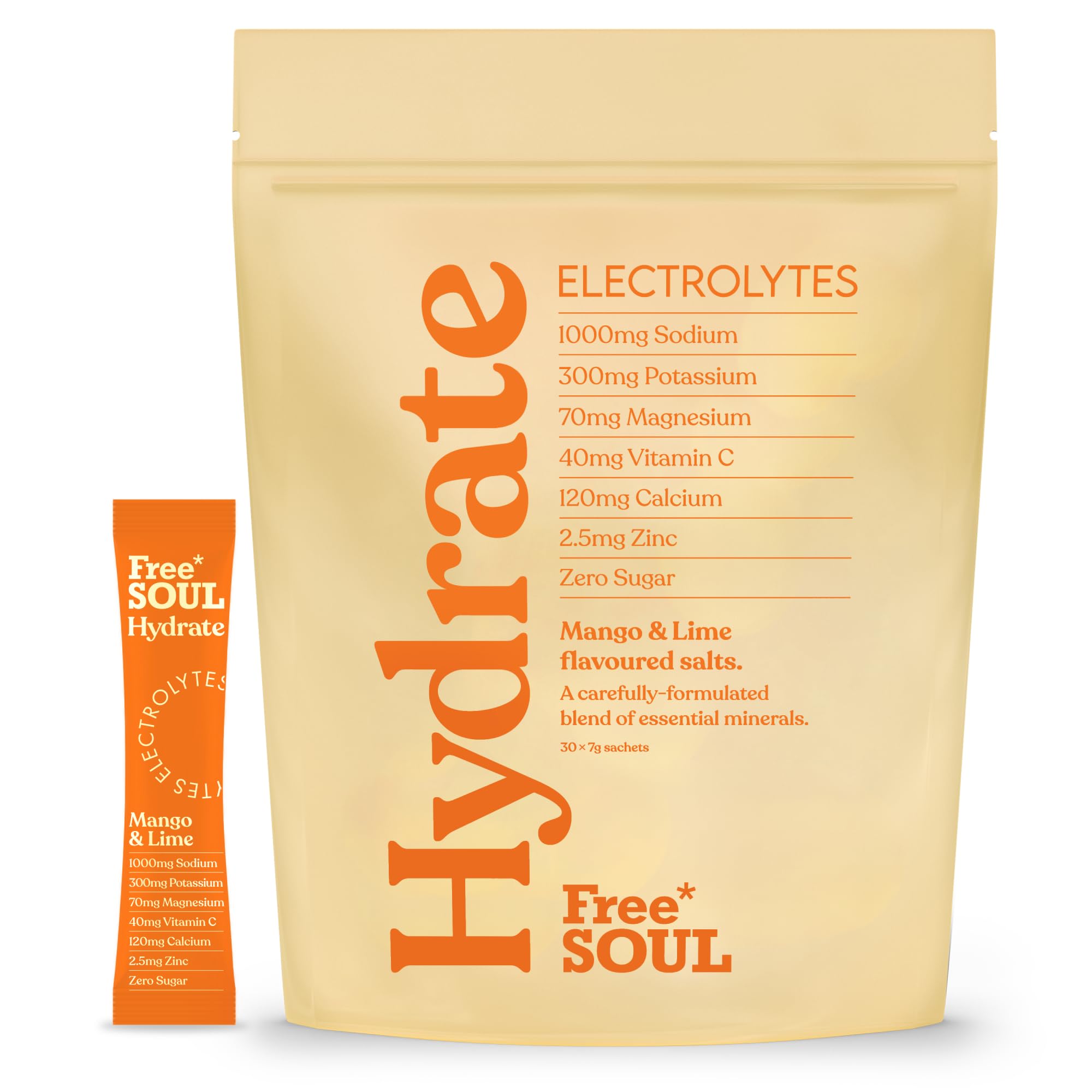 Free SOUL Hydrate electrolyte powder package with a smaller packet on a white background