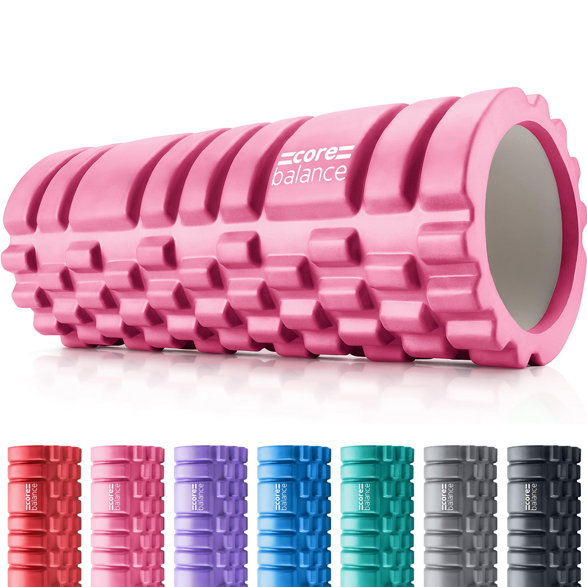 Pink foam roller with 'core balance' branding on a white background, surrounded by other color options.