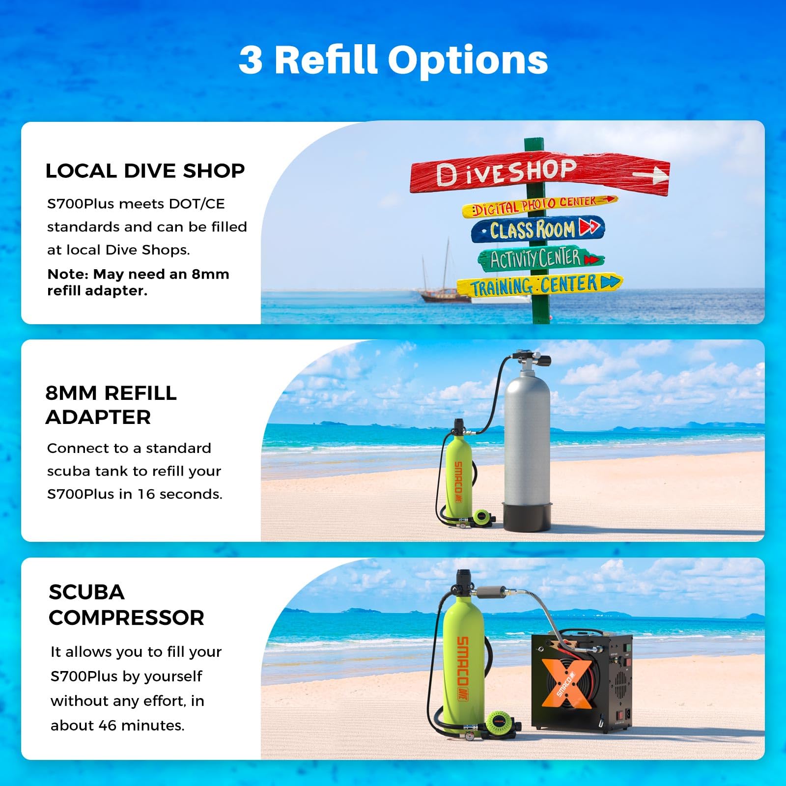 Scuba diving refill options with local dive shop, 8mm refill adapter, and scuba compressor on a beach background.