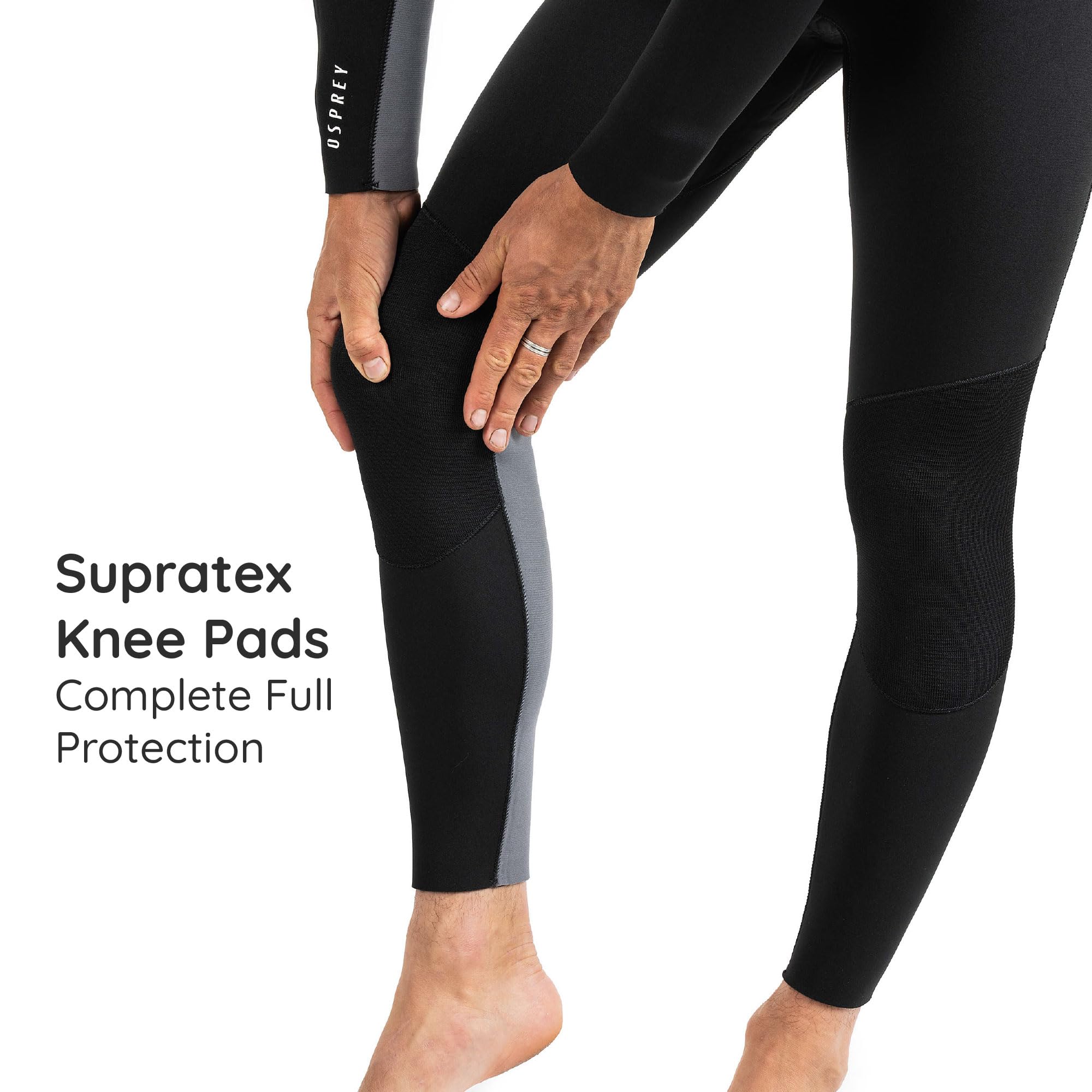 Person wearing black Supratex knee pads on a white background
