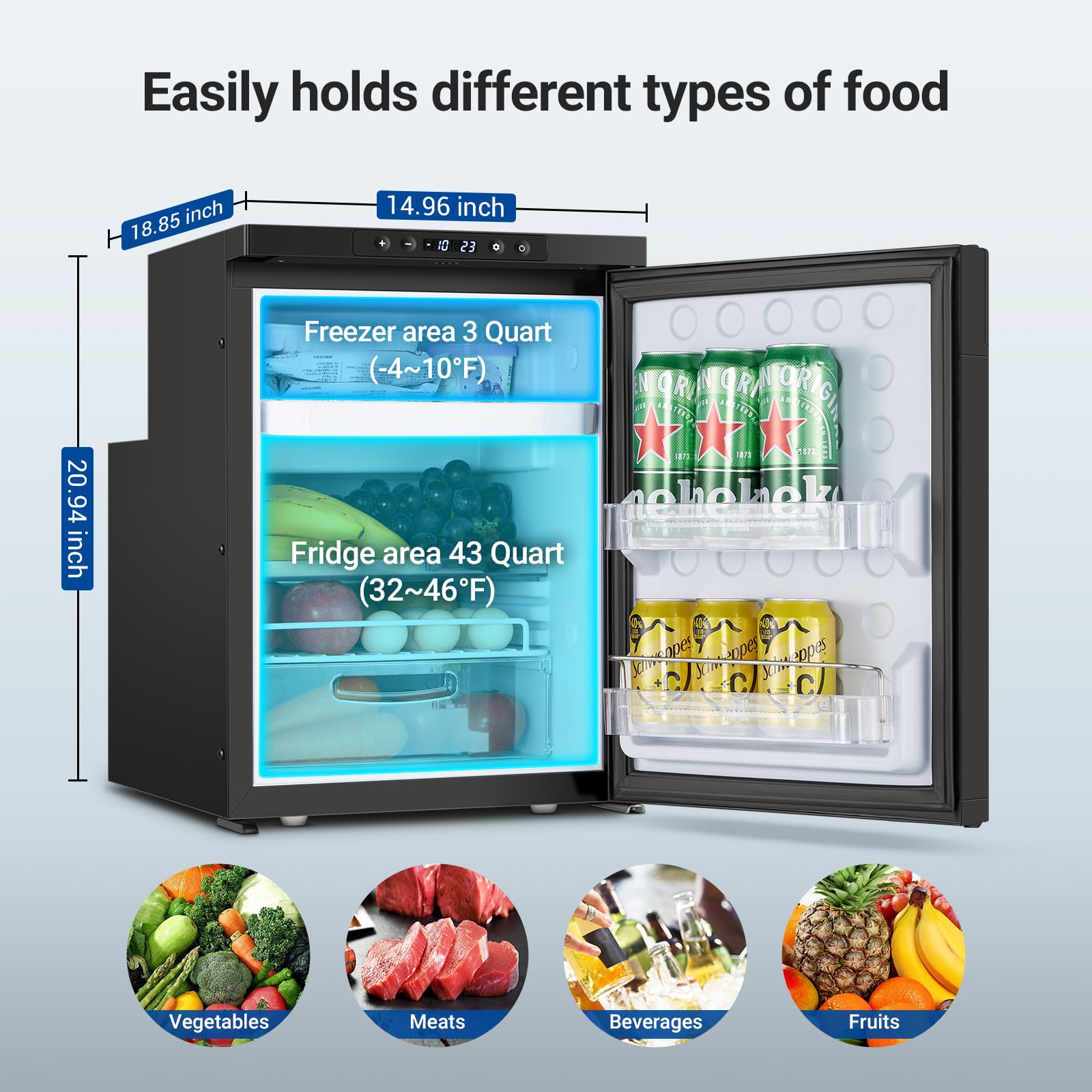 Small refrigerator with open door showing food items and dimensions on a light blue background.