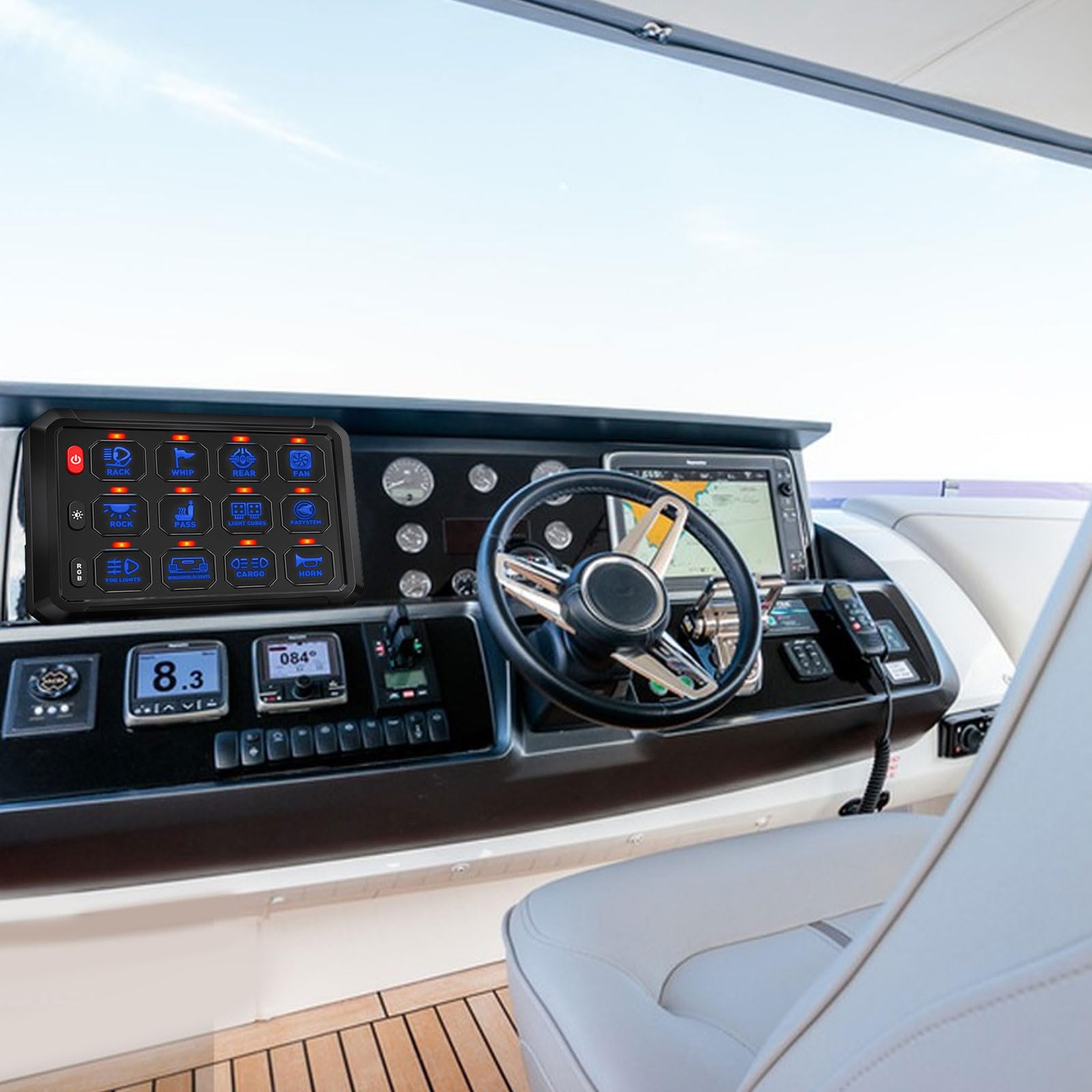 Boat dashboard with steering wheel and control panel