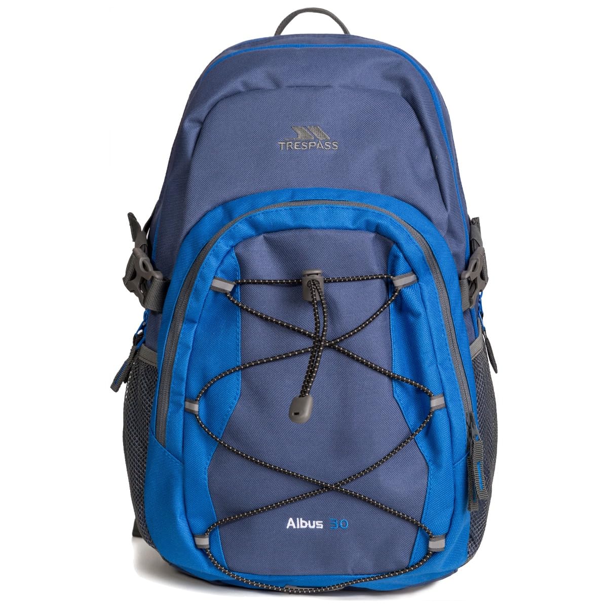 Blue and gray backpack with Trespass branding on a white background