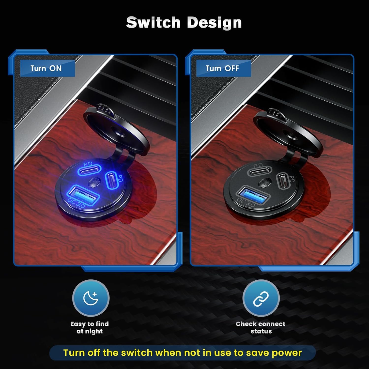 Switch design illustration with 'Turn On' and 'Turn Off' labels on a wooden surface.