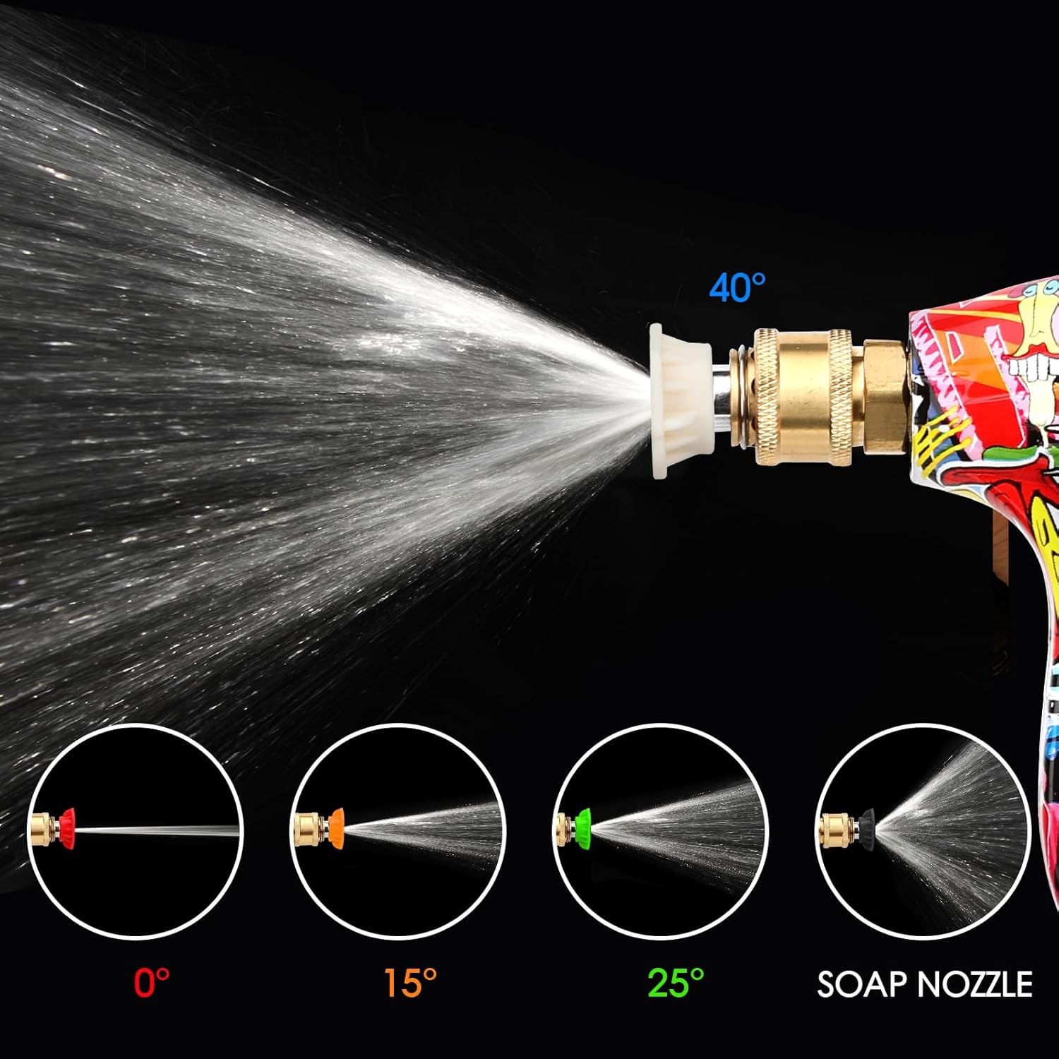 Soap nozzle with adjustable spray angles on a black background
