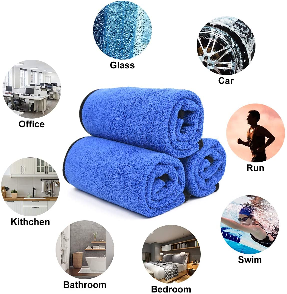 Set of blue towels with various usage scenarios depicted around them.