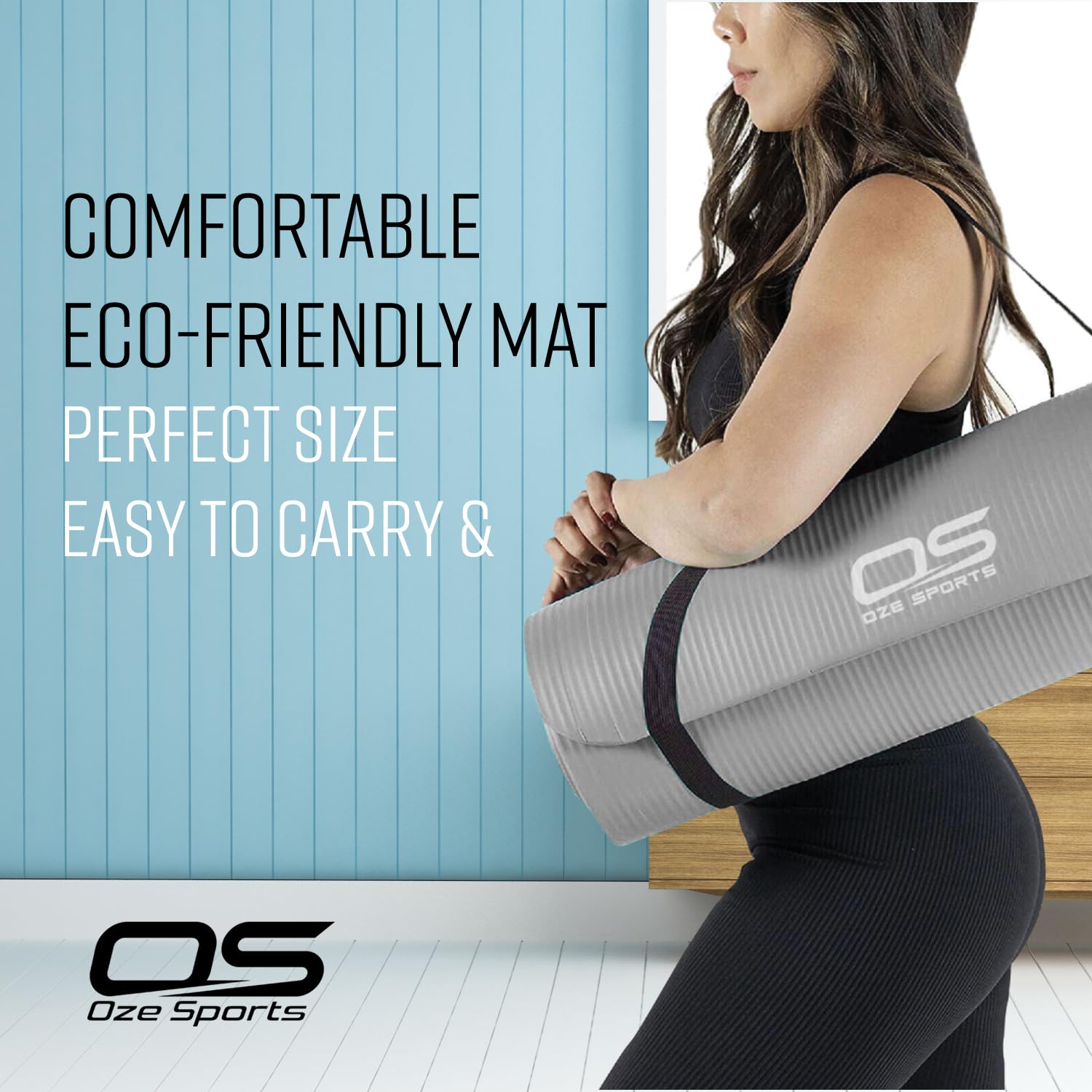 Woman holding a gray yoga mat with text about an eco-friendly mat, perfect size, and ease of carrying.
