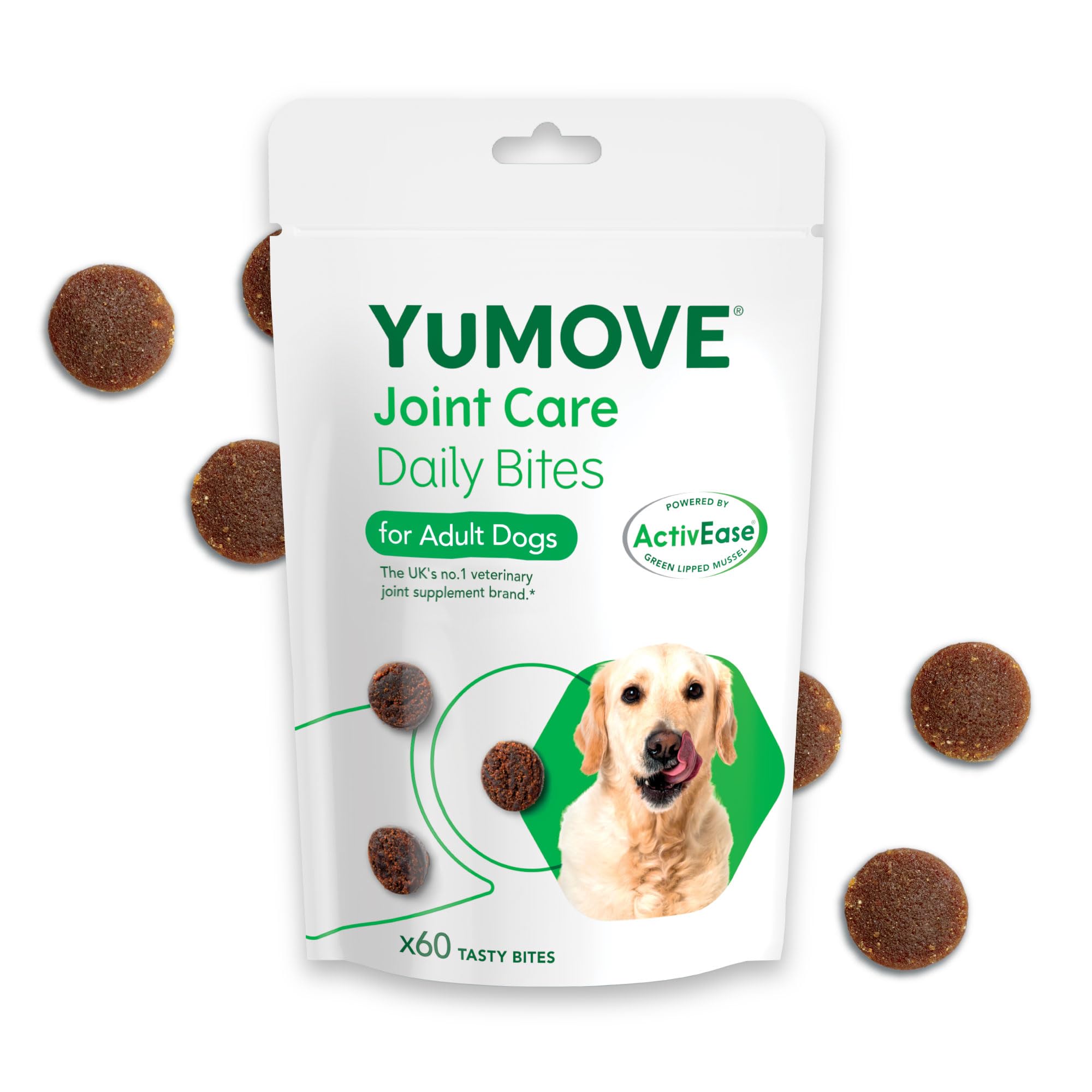 YUMOVE Joint Care Daily Bites package for adult dogs with a dog on the packaging.