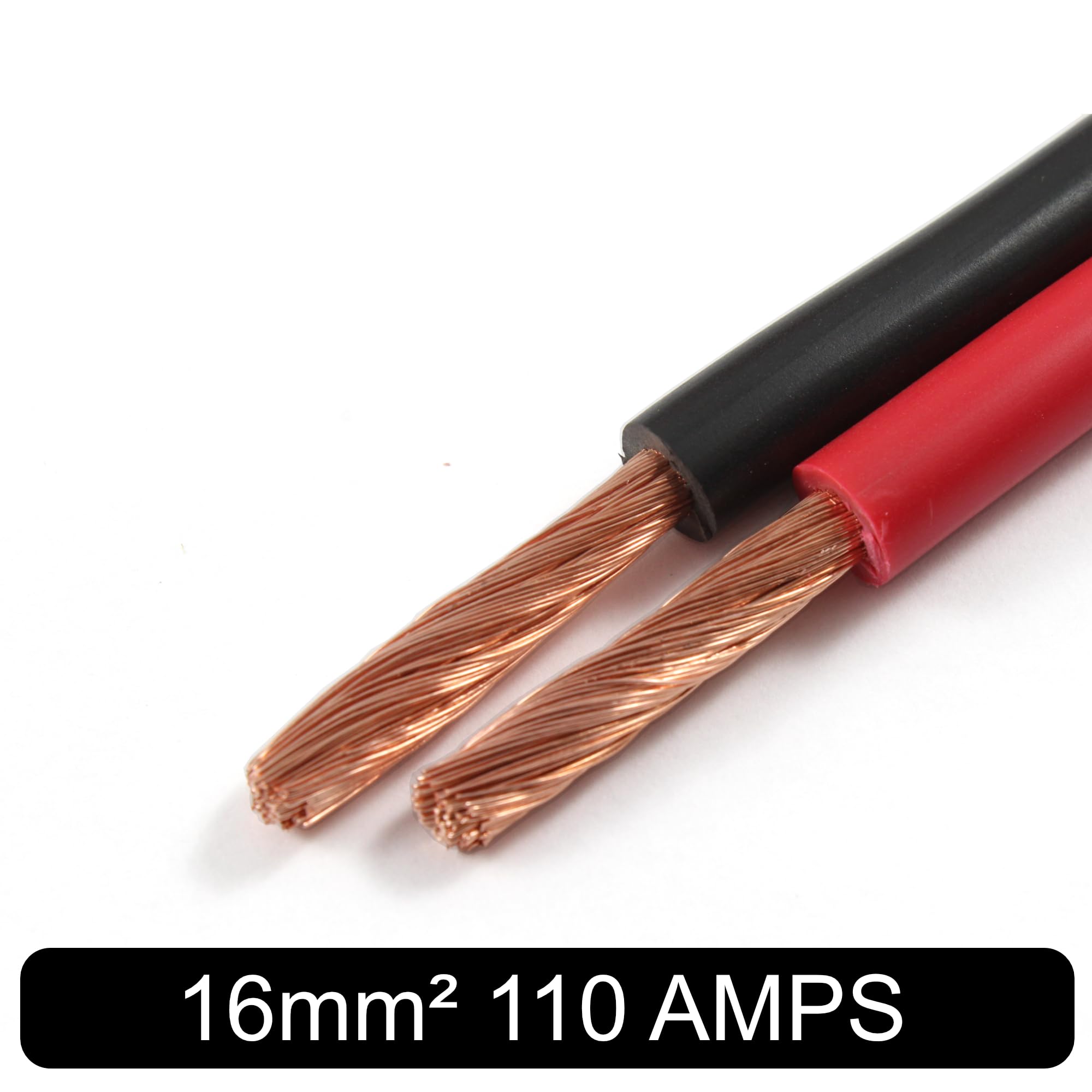 Two cables, one black and one red, with visible copper wire on a white background.