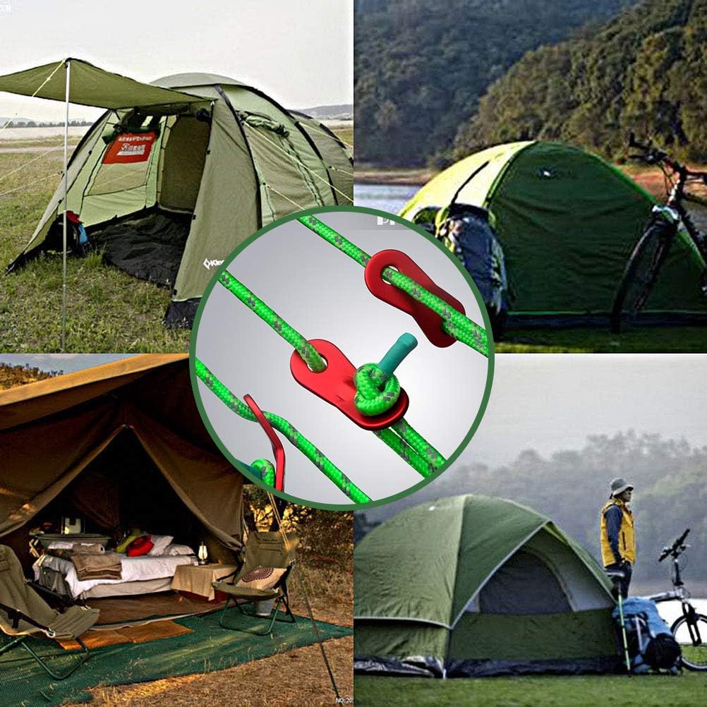 Collage of camping scenes with tents and a close-up of a rope knot.