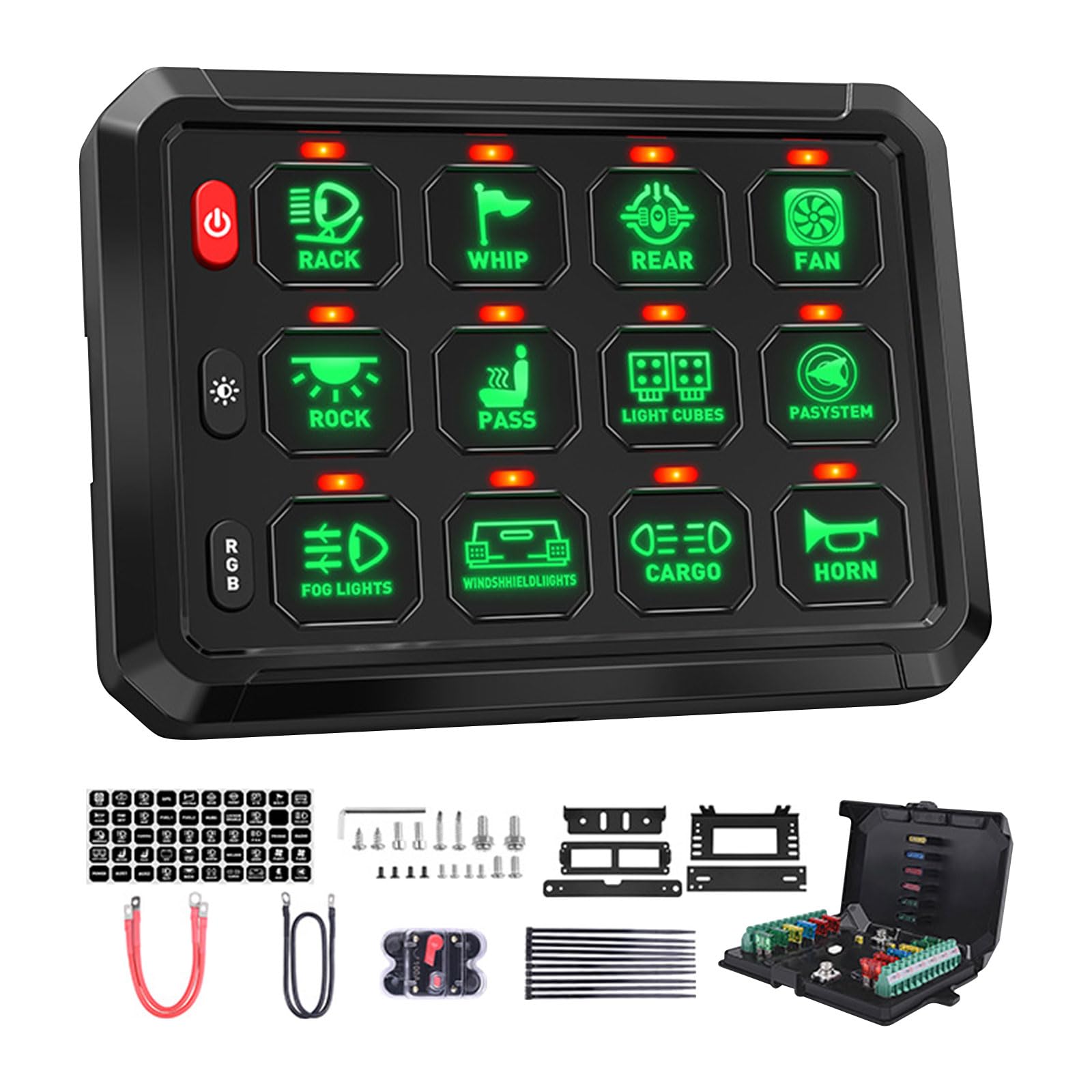 Control panel with illuminated buttons and additional components on a white background