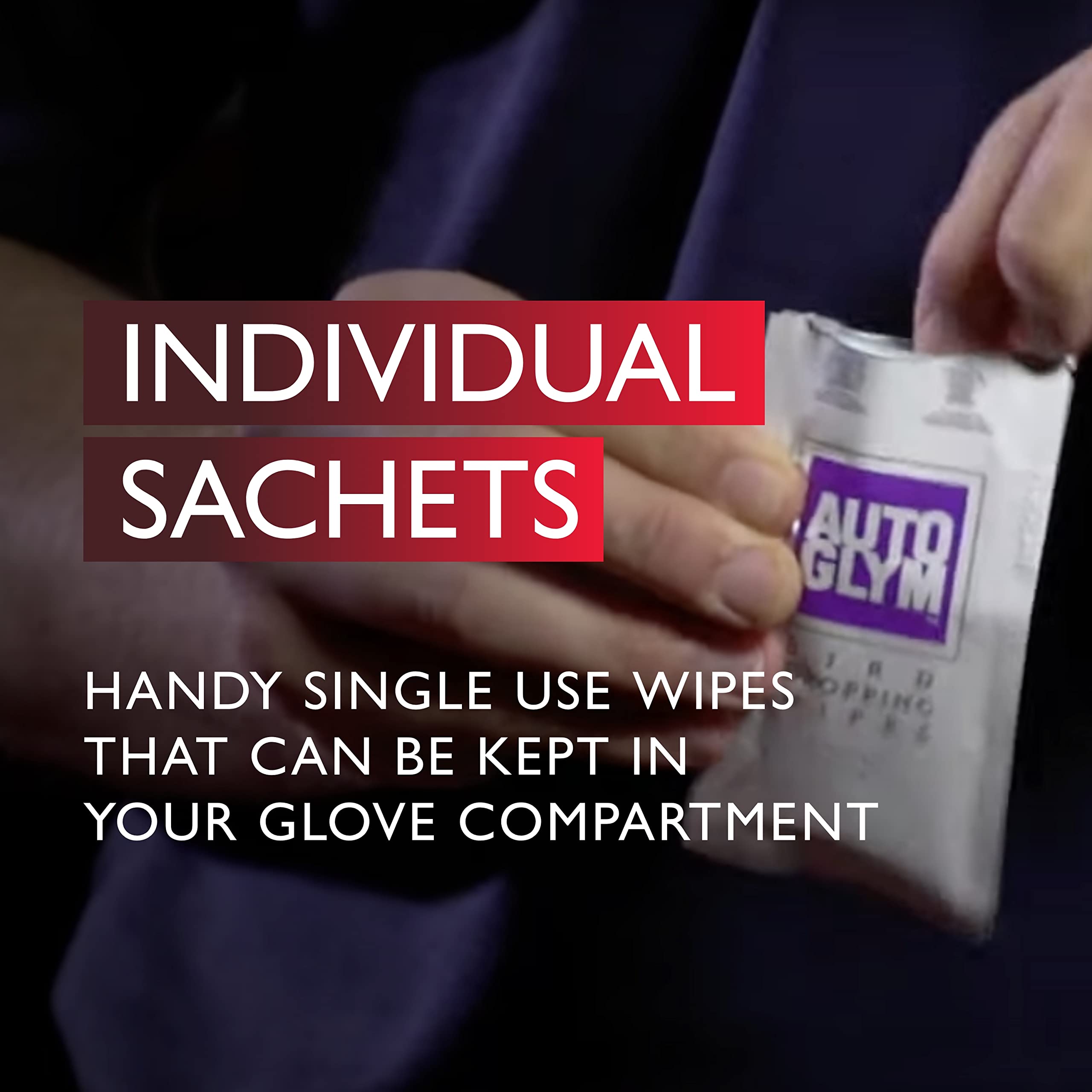 Hand holding an Auto Glym individual sachet with text about handy single use wipes.