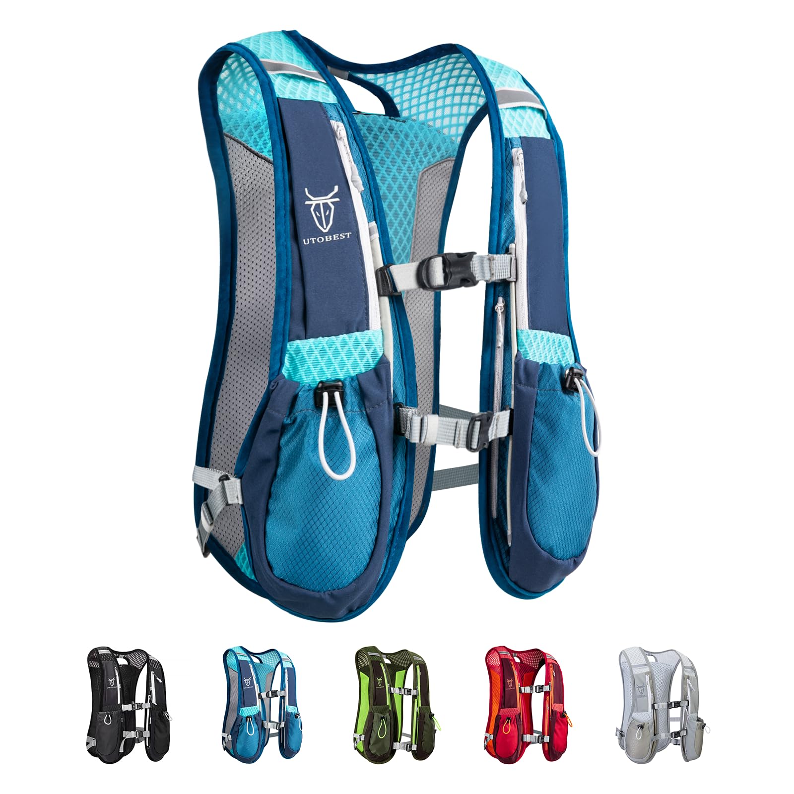 Blue hydration vest with additional vests in different colors displayed below on a white background