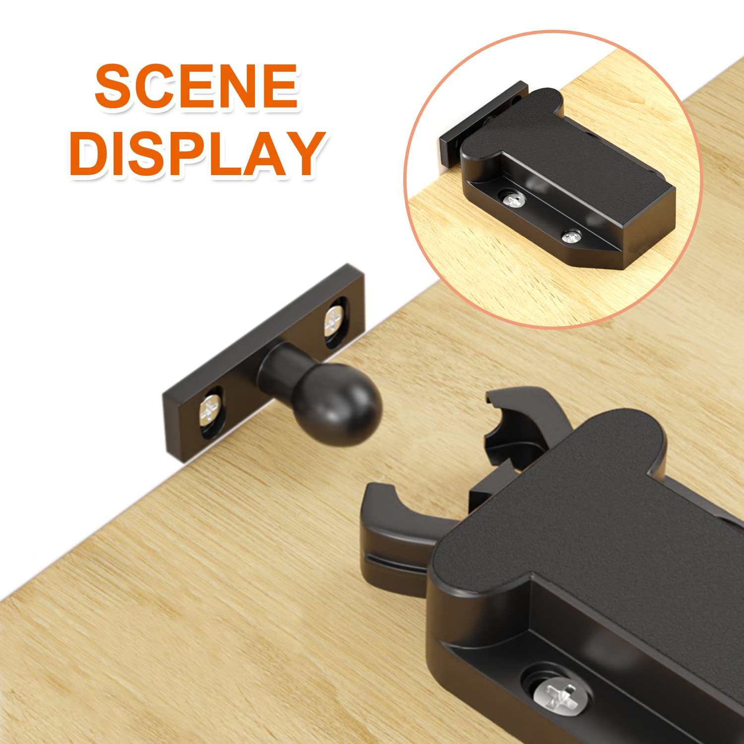 Black metal corner brackets on a wooden surface with 'SCENE DISPLAY' text.