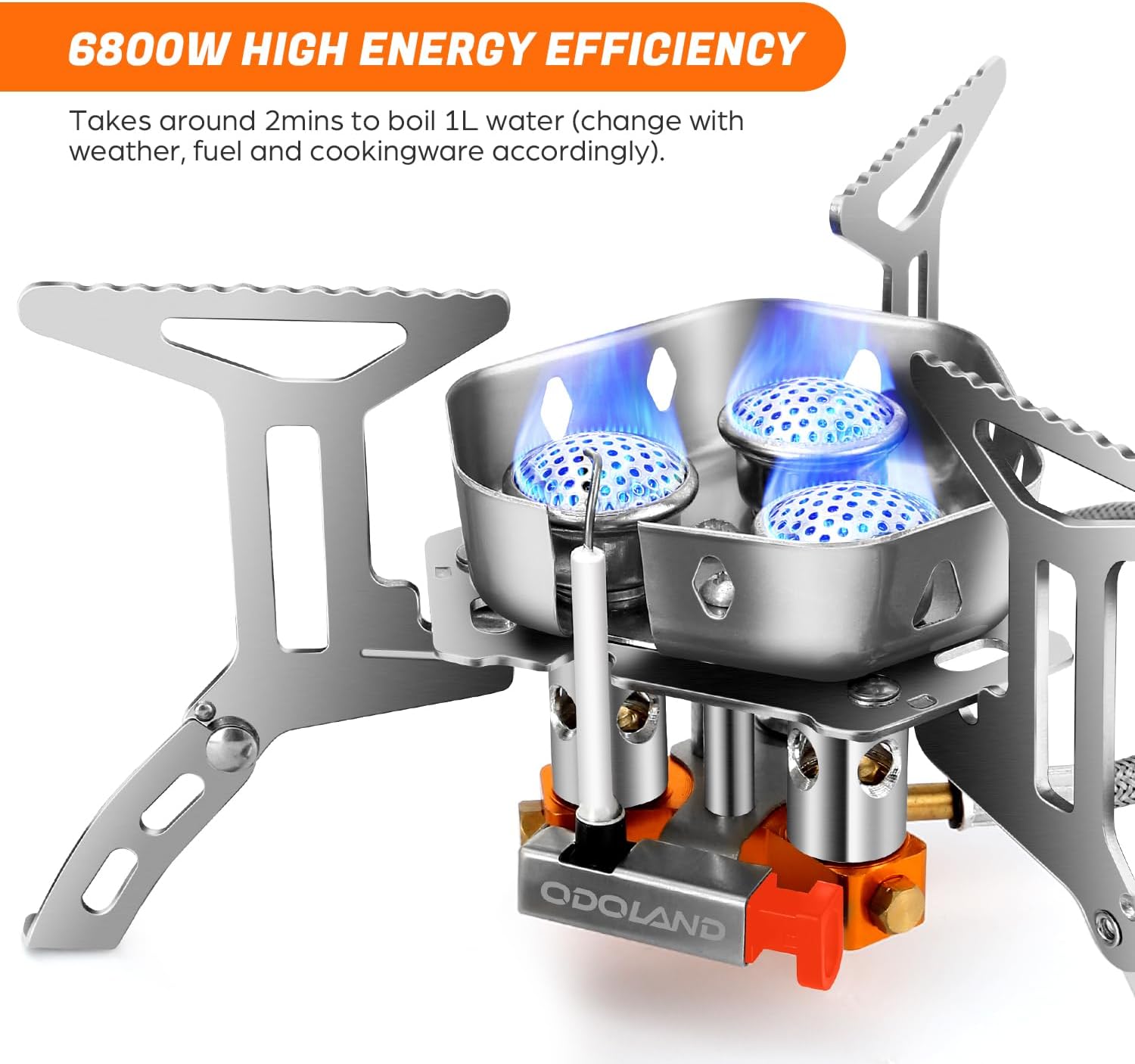 Portable gas stove with blue flames and 'ODOLAND' branding on a white background.