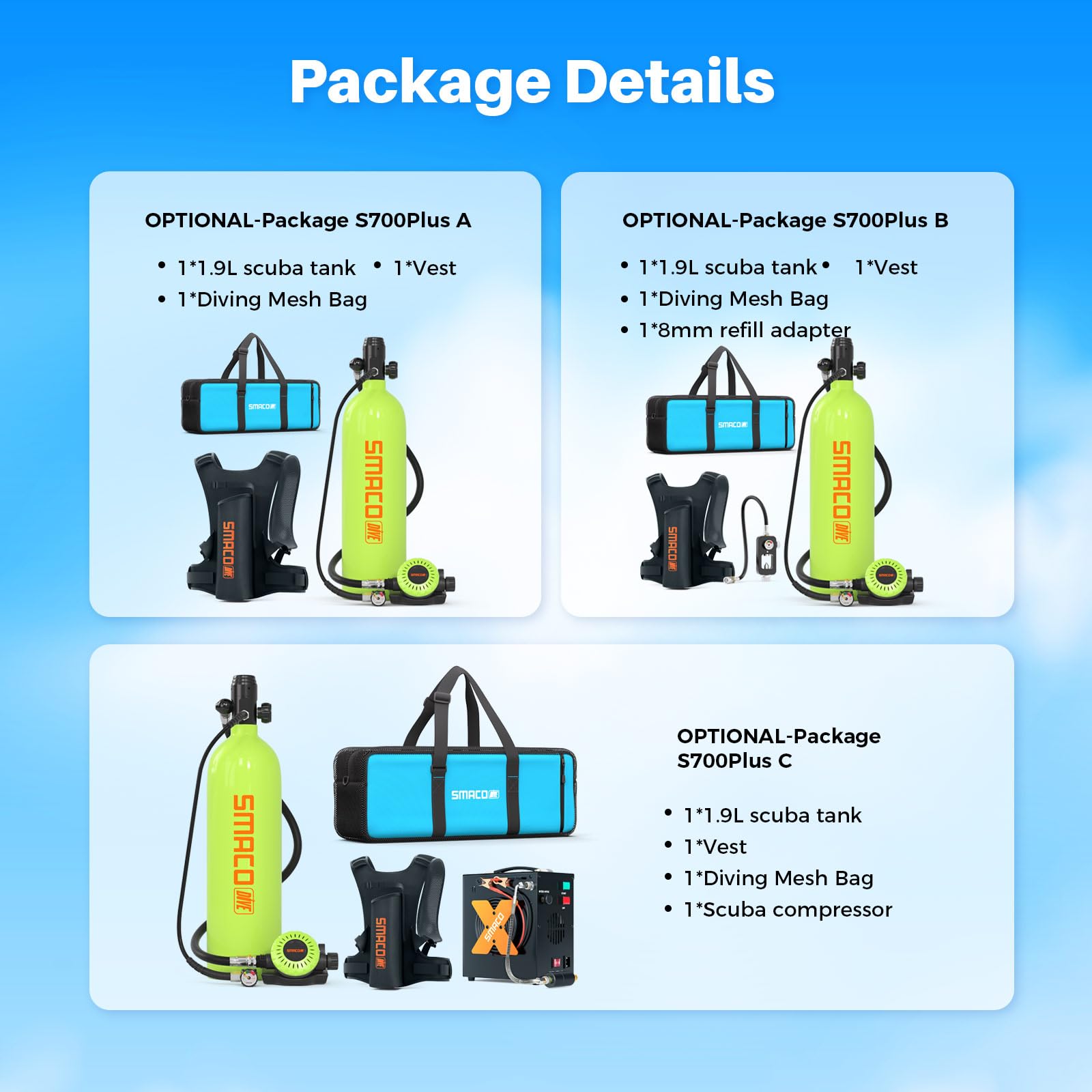 Diving package details with scuba tank, vest, and mesh bag on a blue background