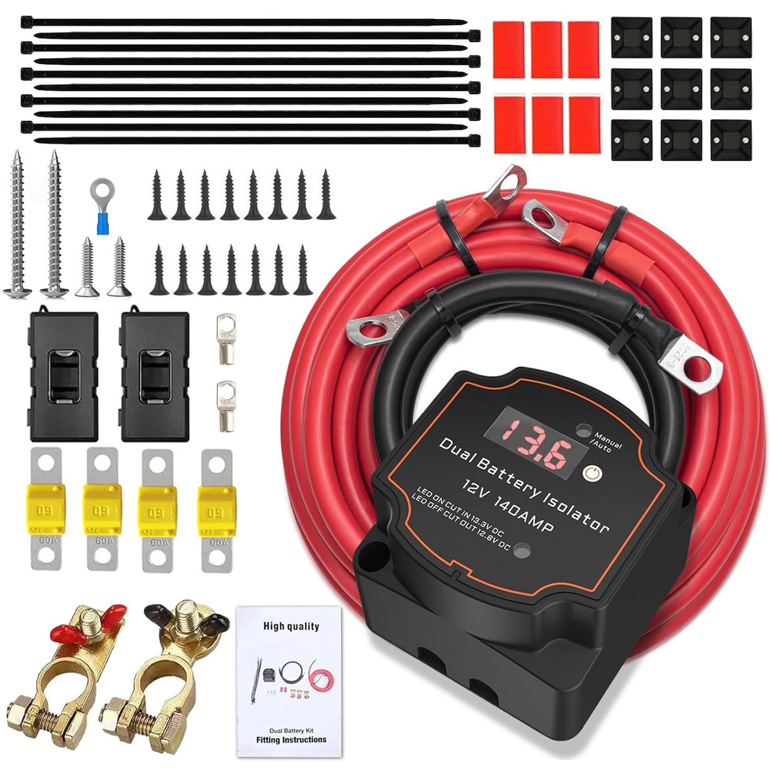 Automotive battery isolation kit with red cable, switches, and connectors on a white background