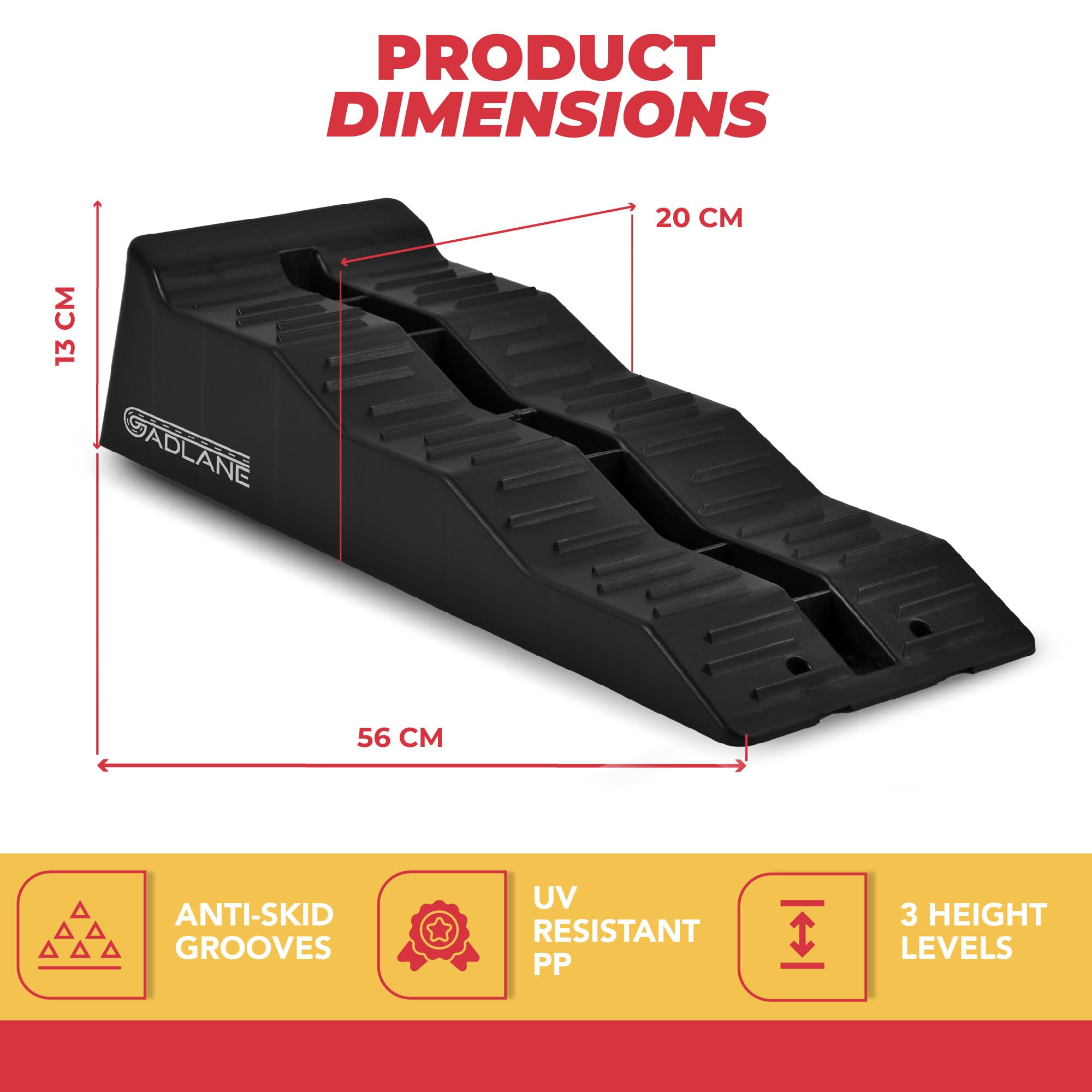 Black car ramp with dimensions and features on a white background