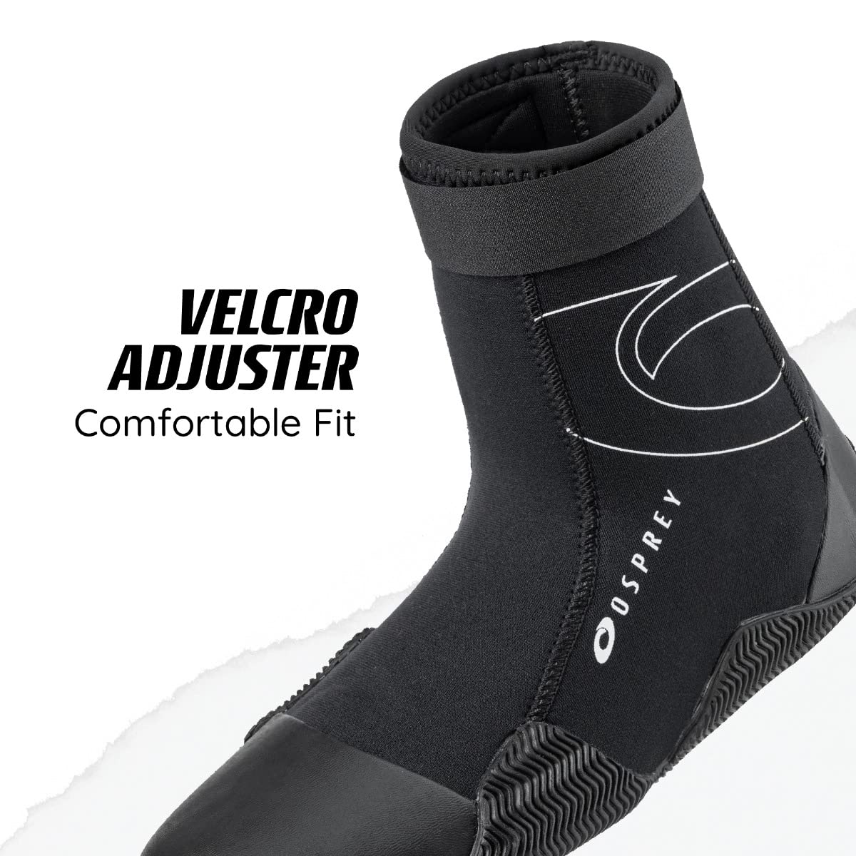 Black wetsuit boot with velcro adjuster and Osprey branding on a white background