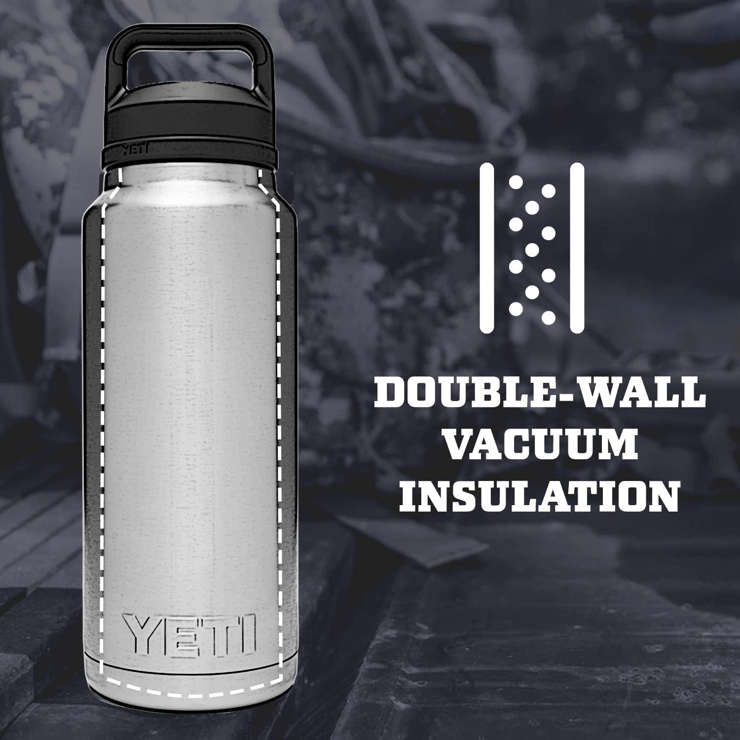 YETI water bottle with double-wall vacuum insulation feature on a dark background