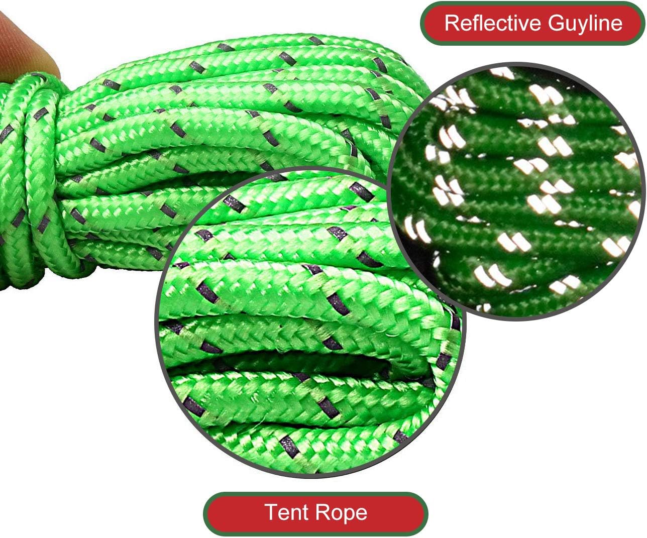 Green tent rope with reflective guylines, shown in close-up on a white background.