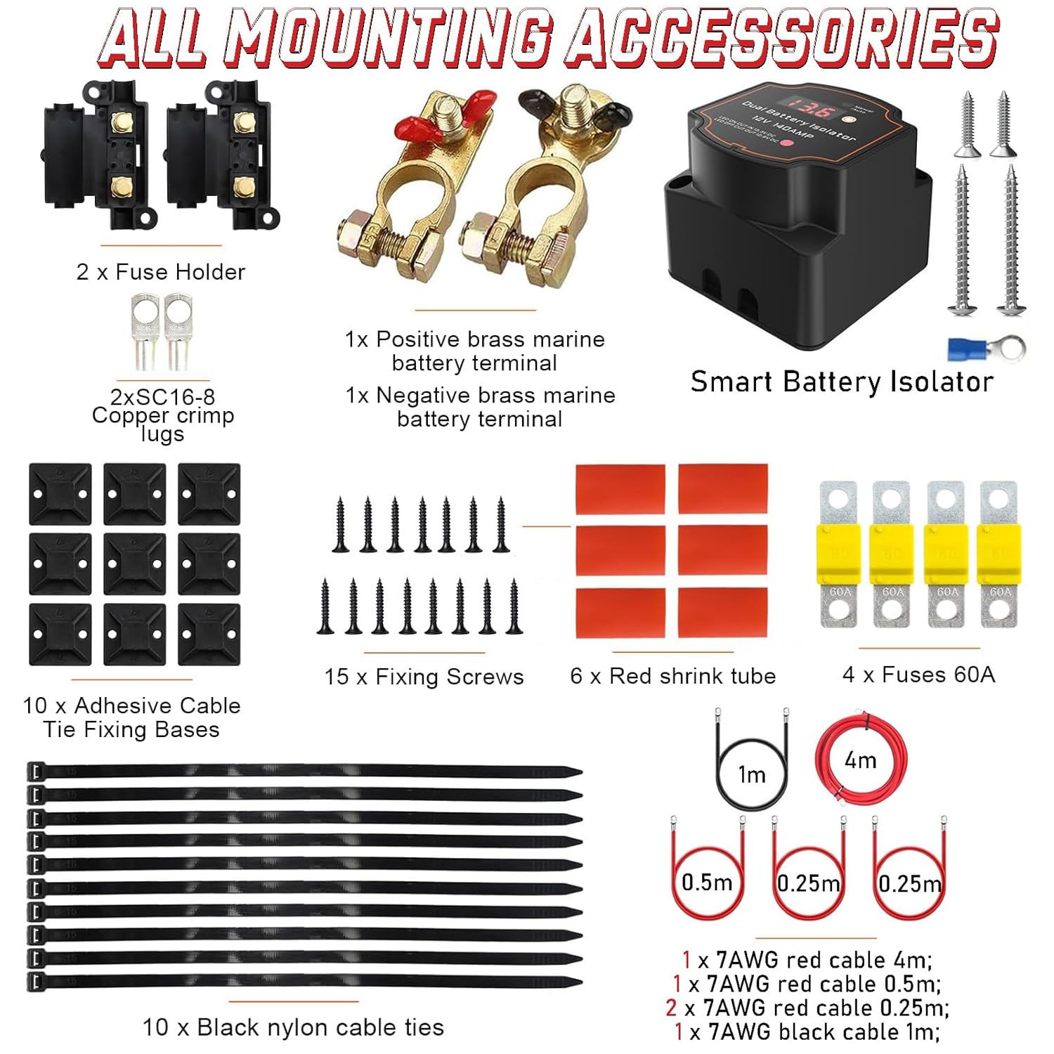 Collection of marine battery accessories including fuse holders, terminals, isolator, and cables on a white background.