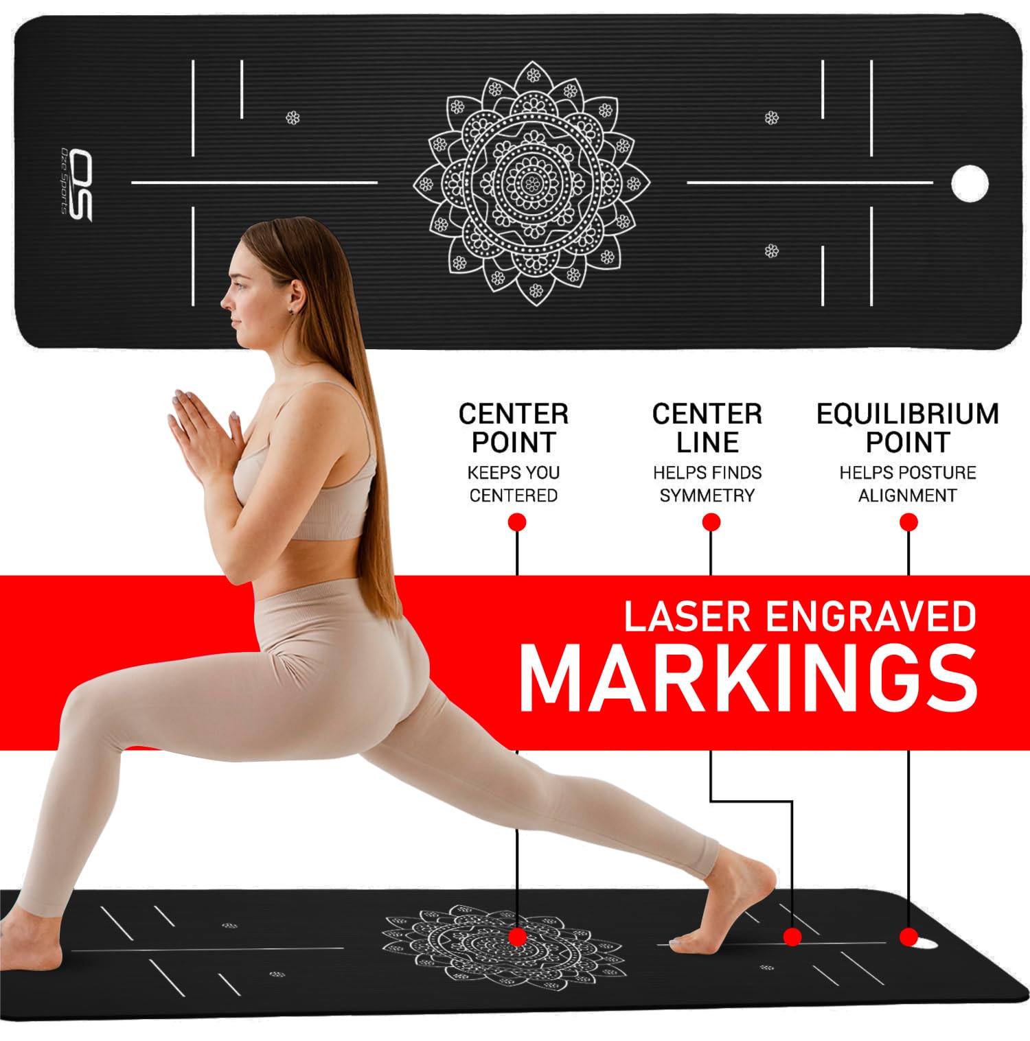 Yoga mat with laser engraved markings and a woman demonstrating poses on it.