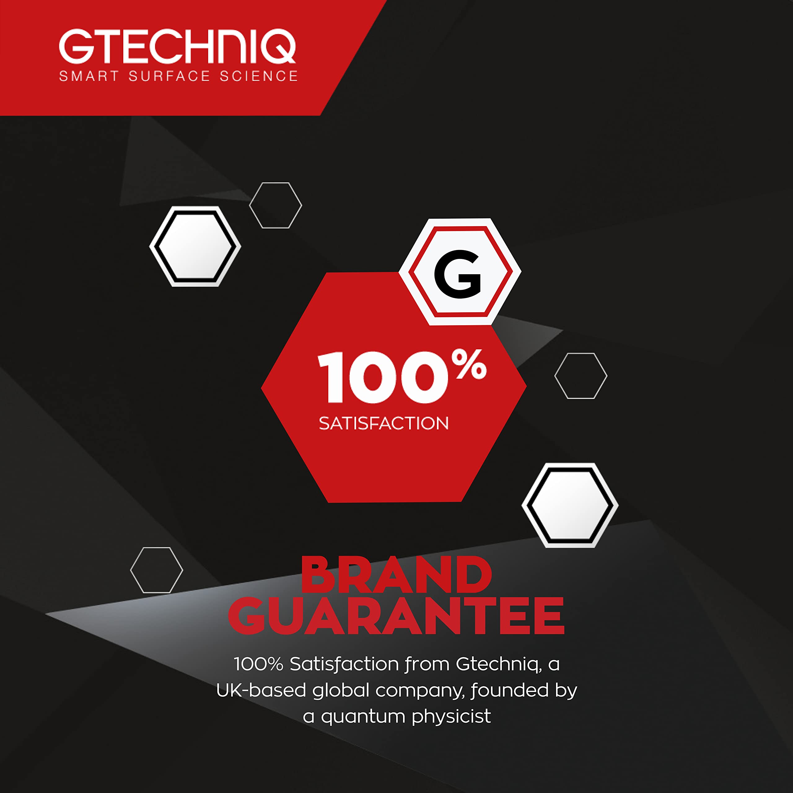 Gtechniq advertisement with a red hexagonal logo and text on a black background