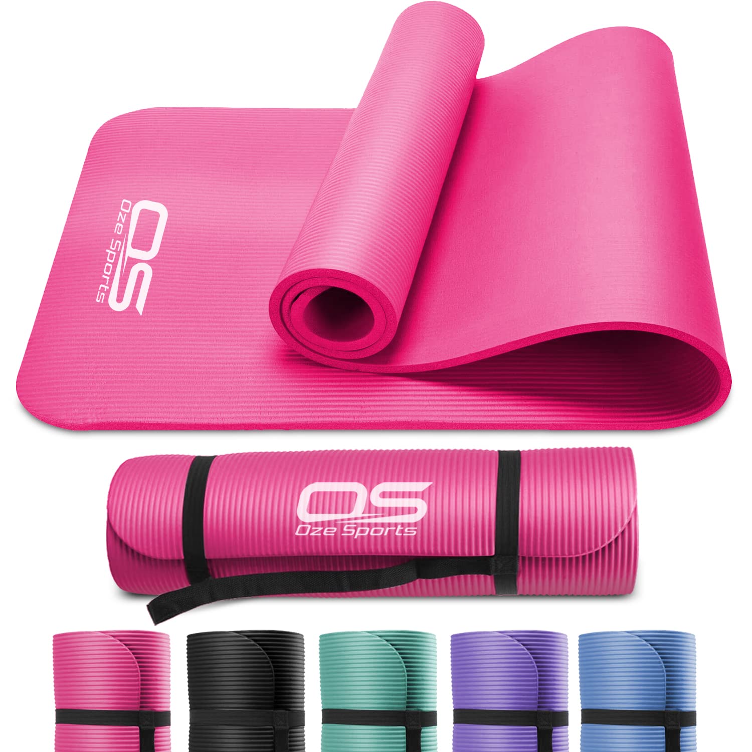 Pink yoga mat with Oze Sports logo, rolled up and flat, on a white background.