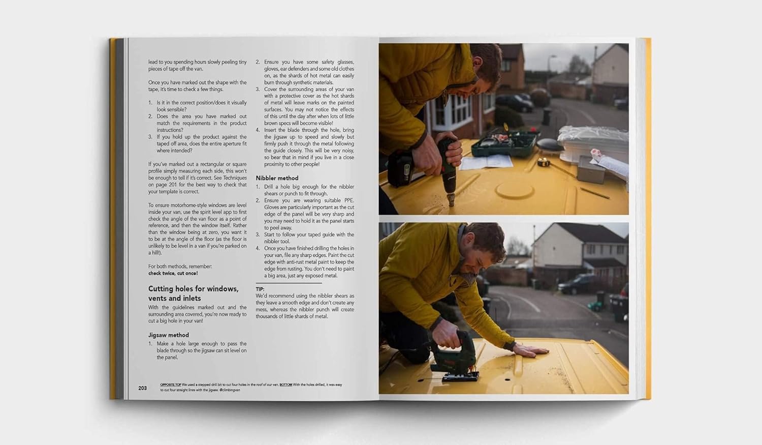 Open book showing a person using a drill on a wooden surface with text on the left.