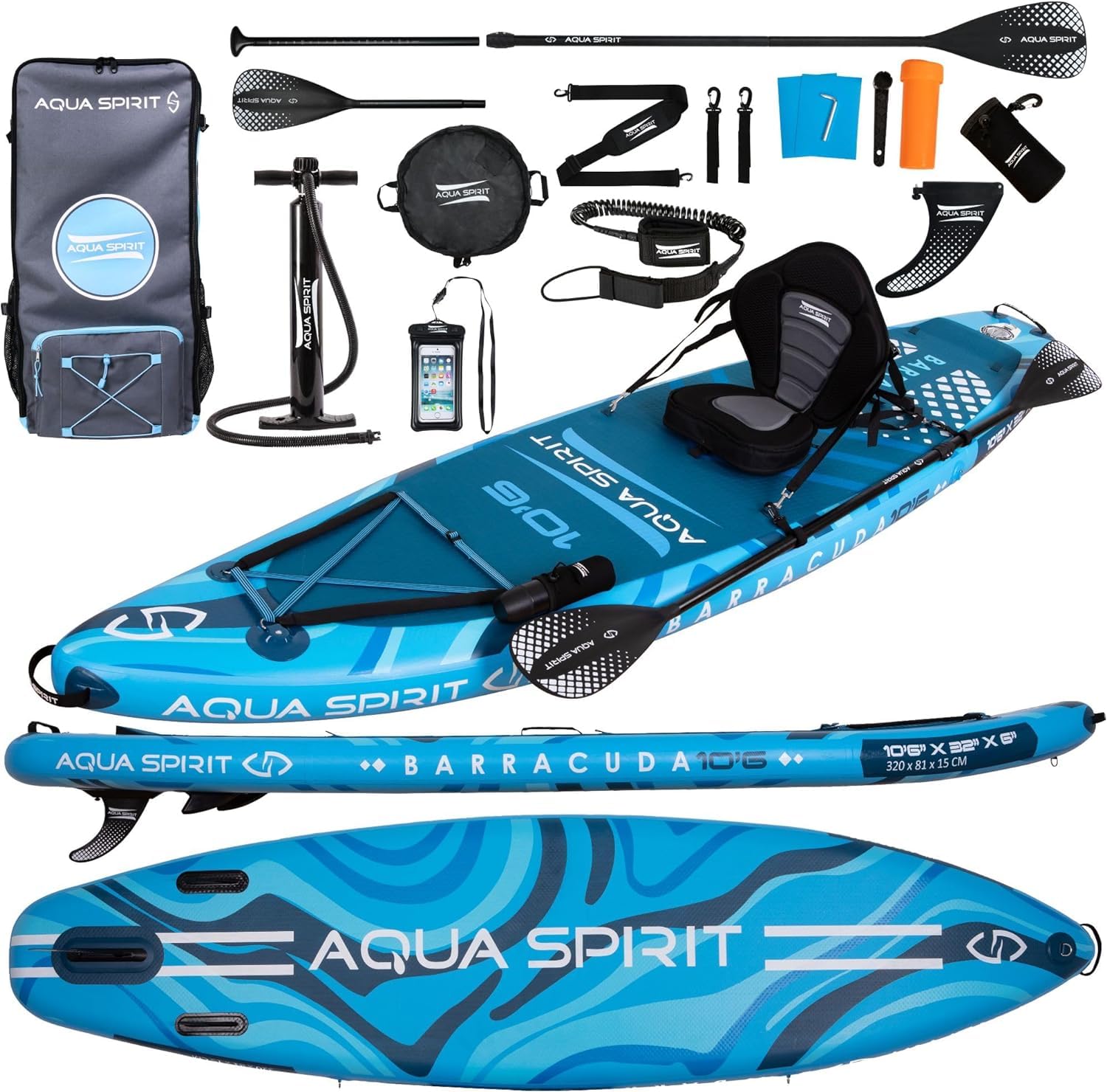 Blue Aqua Spirit kayak with accessories on a white background